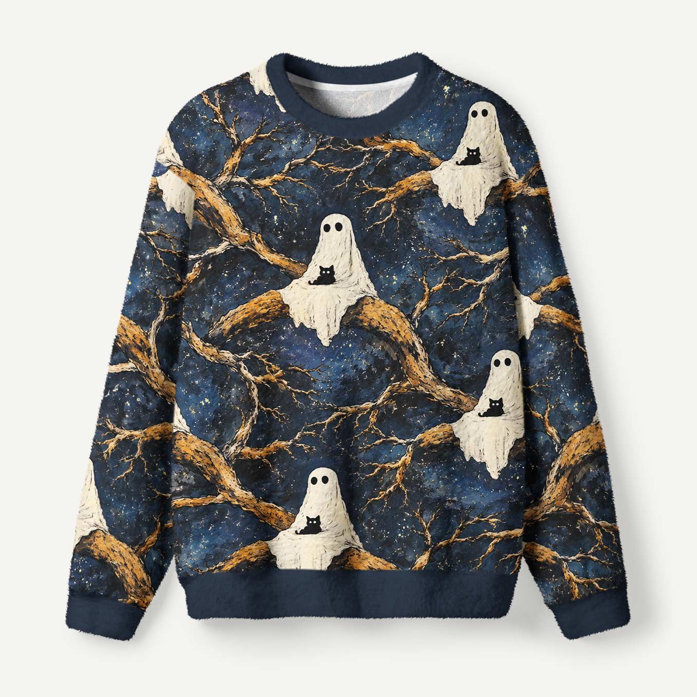 Cute Ghost And Black Cat Sitting On A Tree Under The Stars Ugly Fuzzy Fleece Sweatshirt