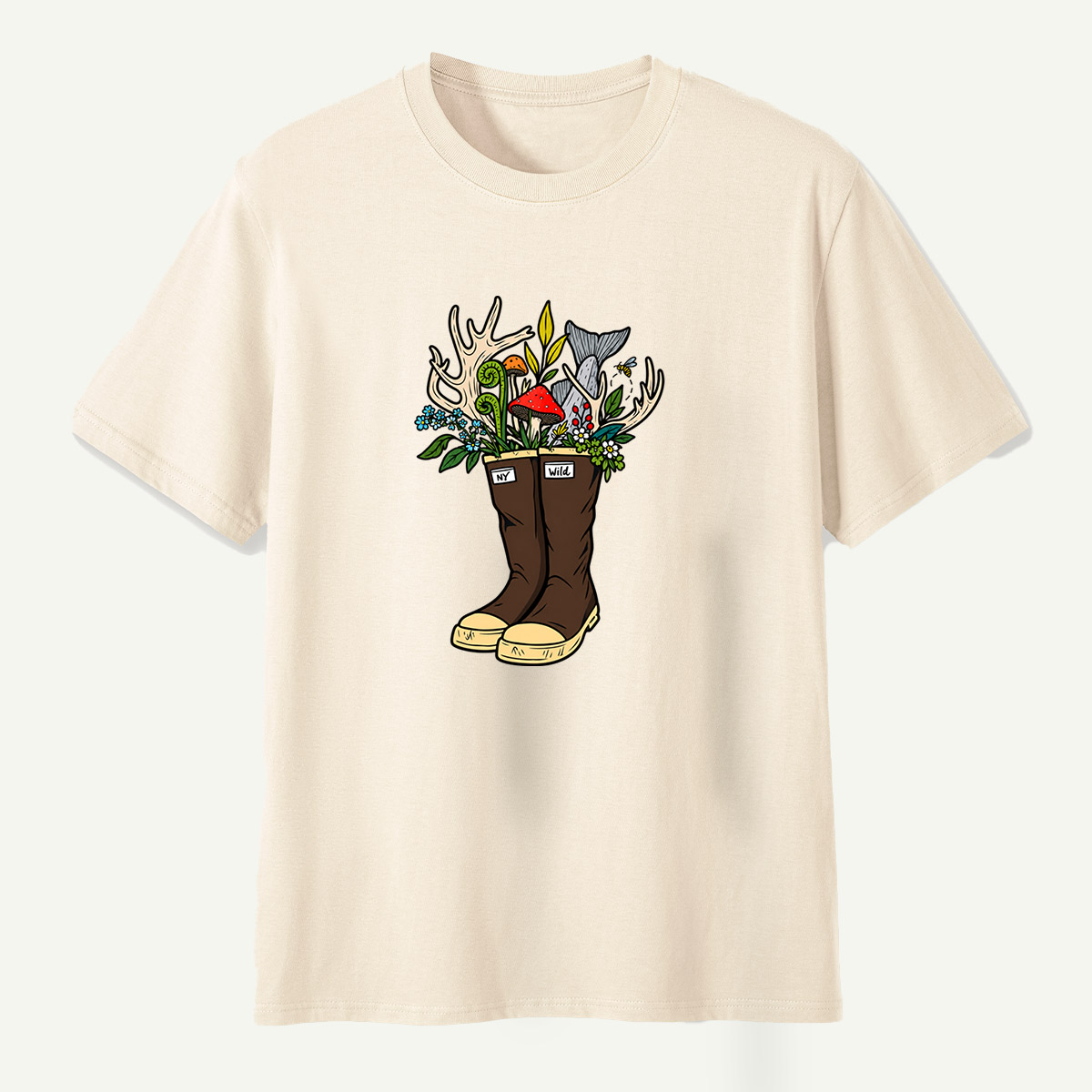 Wild Boots Antlers Mushroom Forest Botanical Arrangement T-Shirt