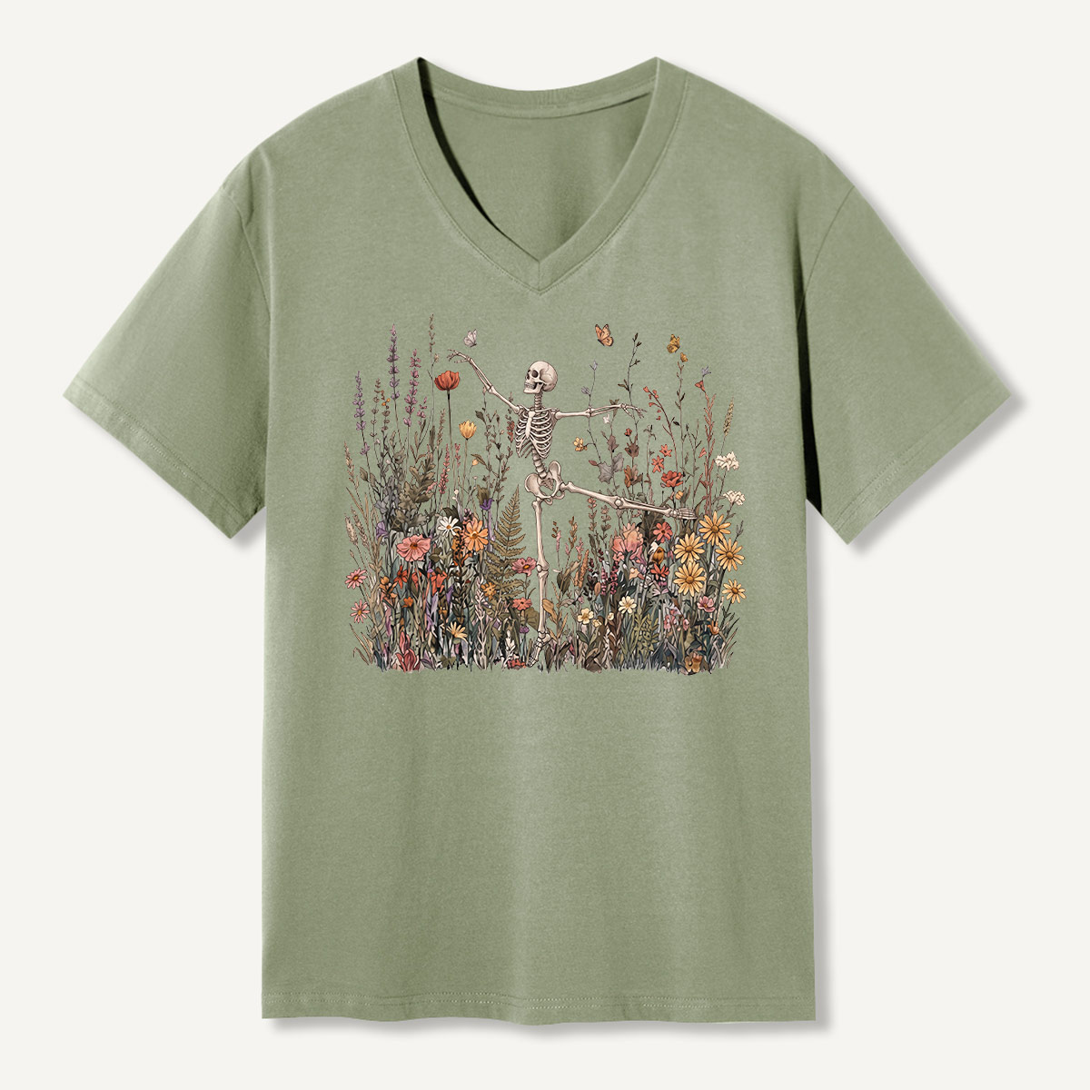 Dancing Skeleton Wildflower Garden V-neck T-Shirt