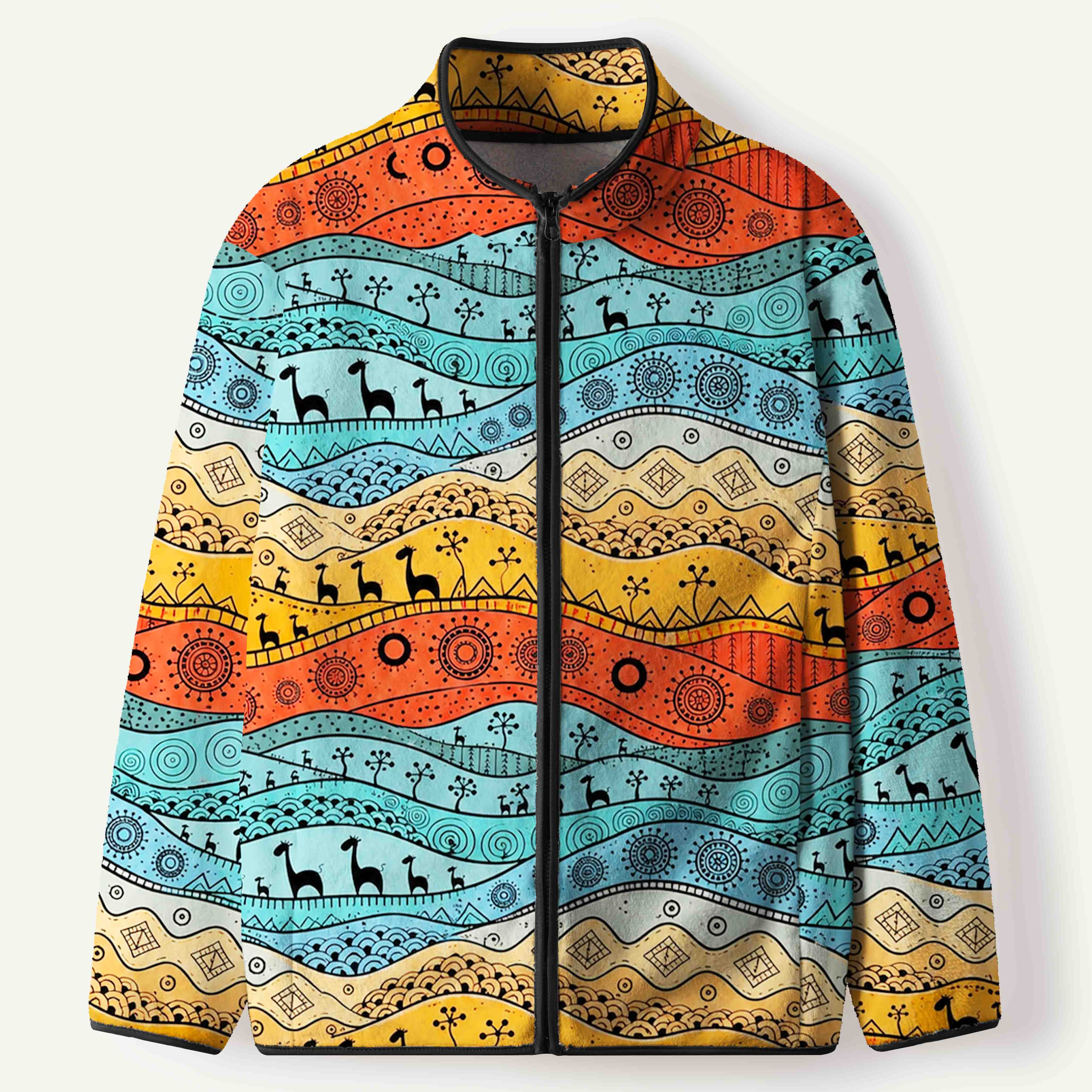 Colorful Giraffe Savanna Tribal Inspired Geometric Waves Men's Flannel Zip Front Cardigan