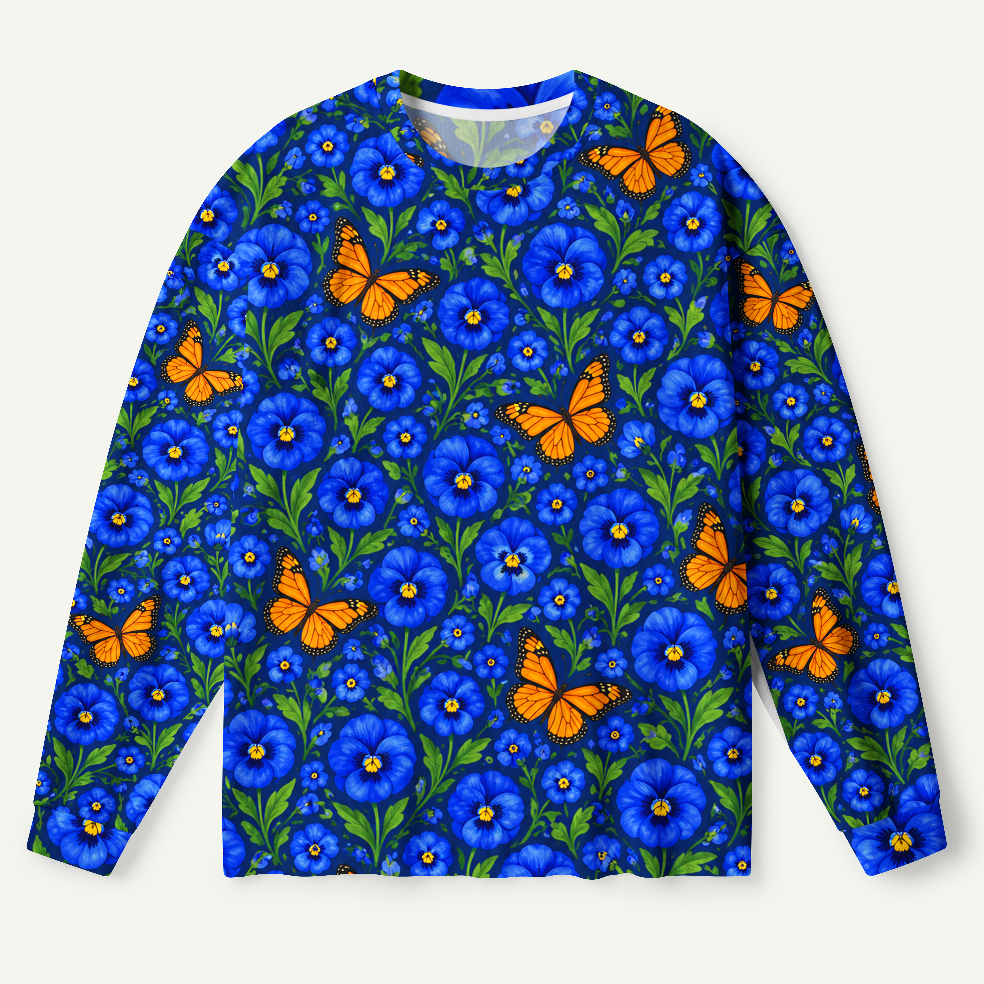 Monarch Butterflies And Blue Pansies Night Garden Premium Pure Cotton Long Sleeves