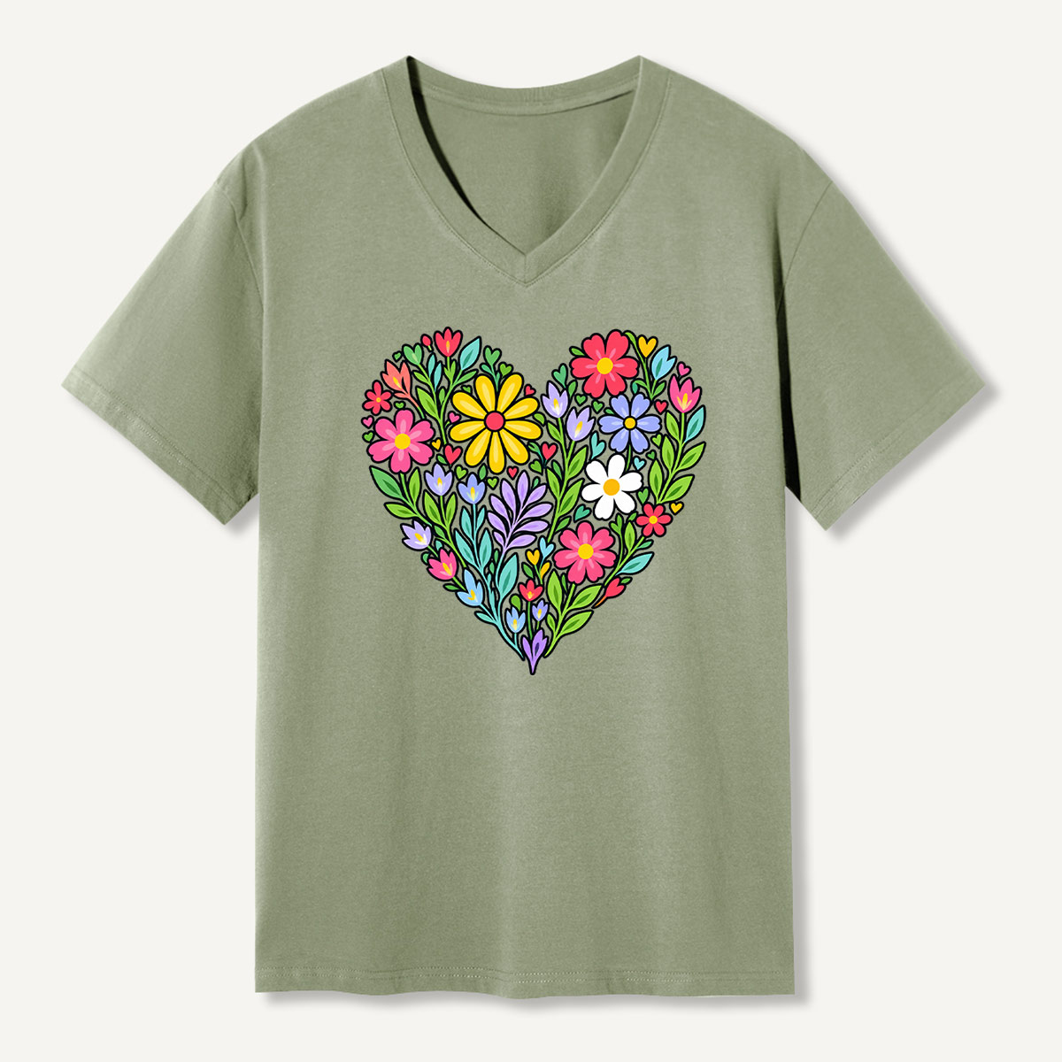 Colorful Floral Heart Garden V-neck T-Shirt