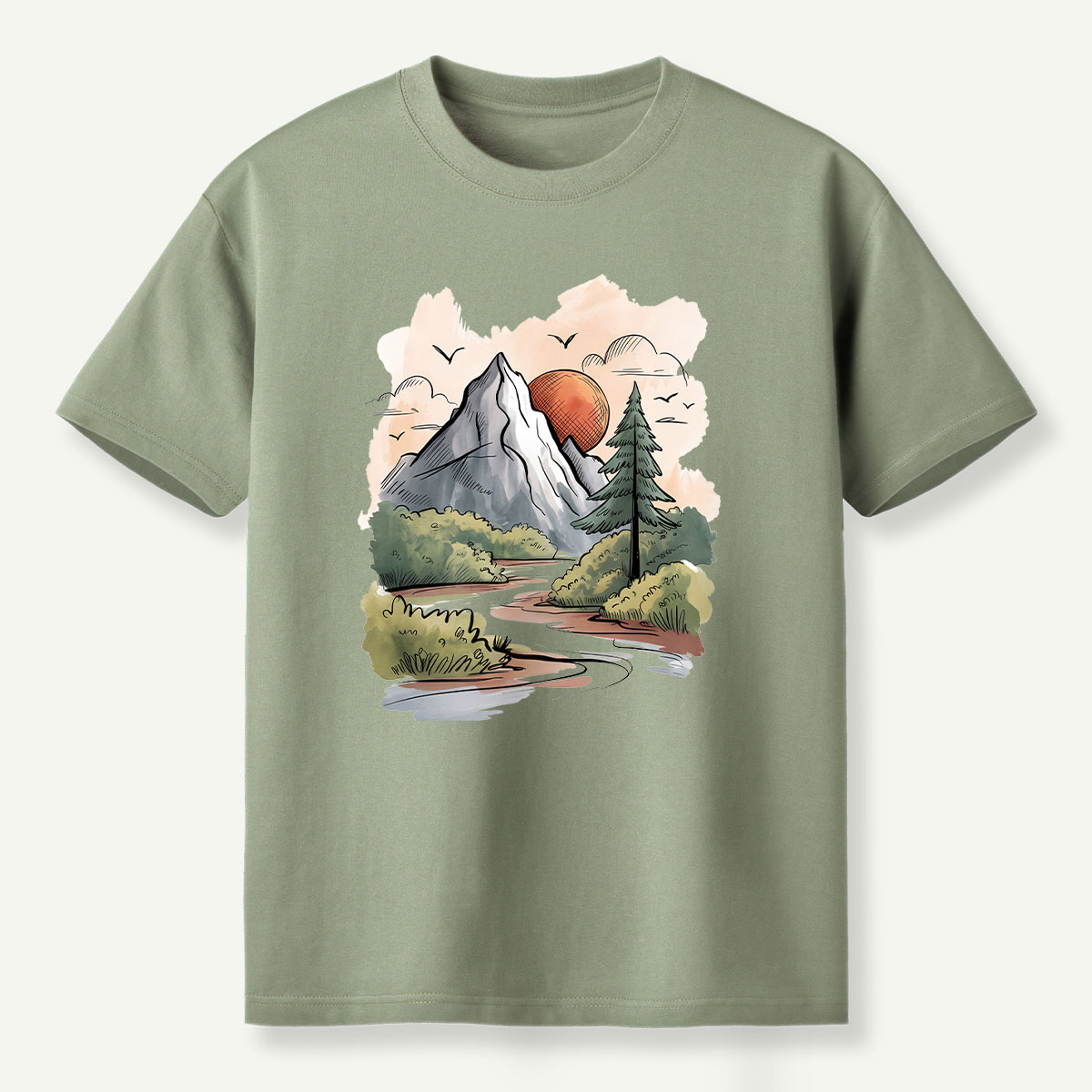 Mountain River Sunset Watercolor Landscape T-Shirt