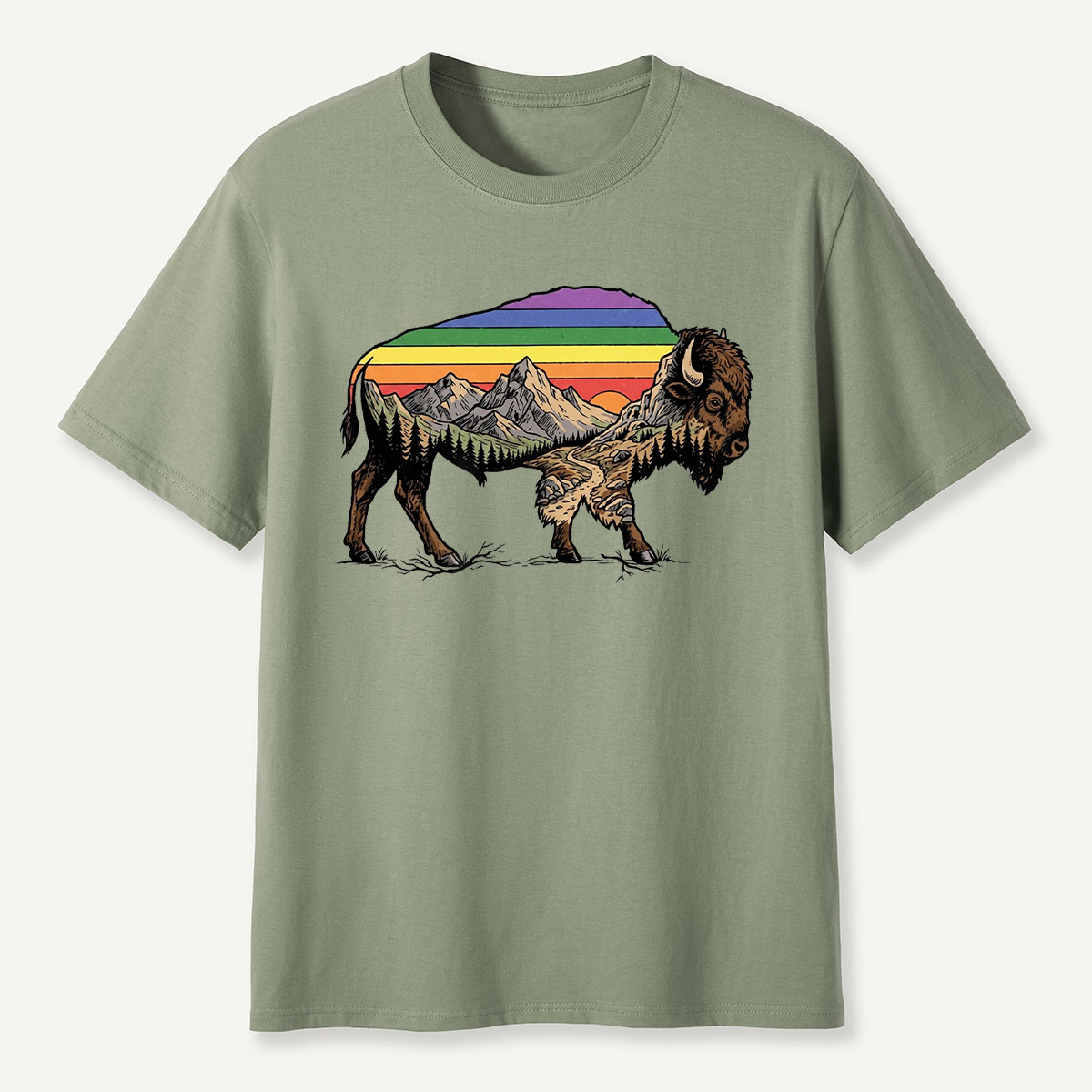 Mountain Sunset Bison Silhouette T-Shirt