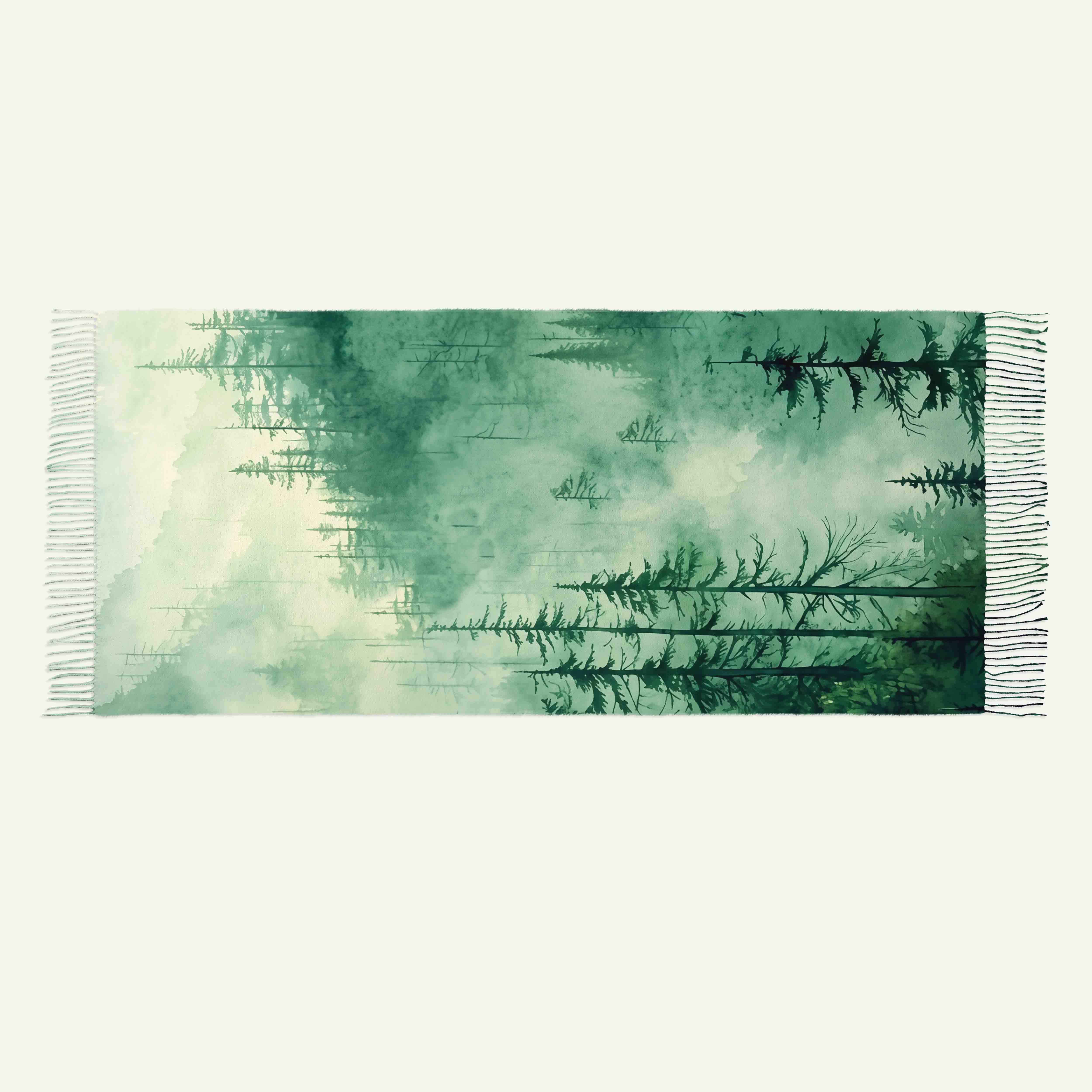 Misty Pine Forest Long Cashmere Scarf with Tassels