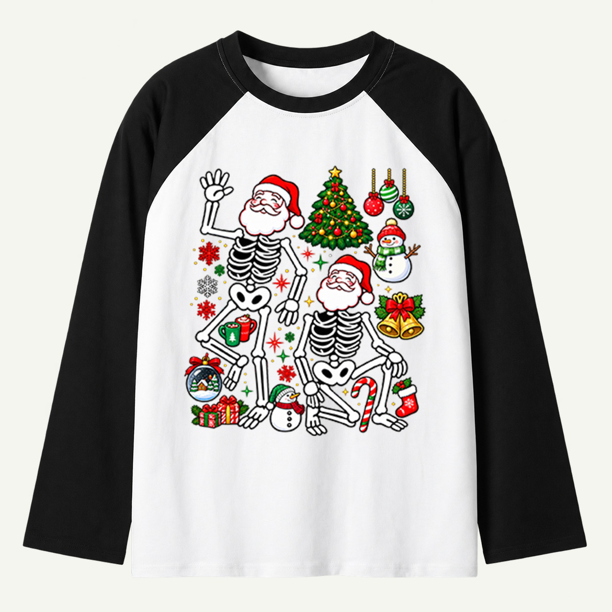 Dancing Christmas Skeletons With Santa Hats And Holiday Decorations Raglan Long Sleeves