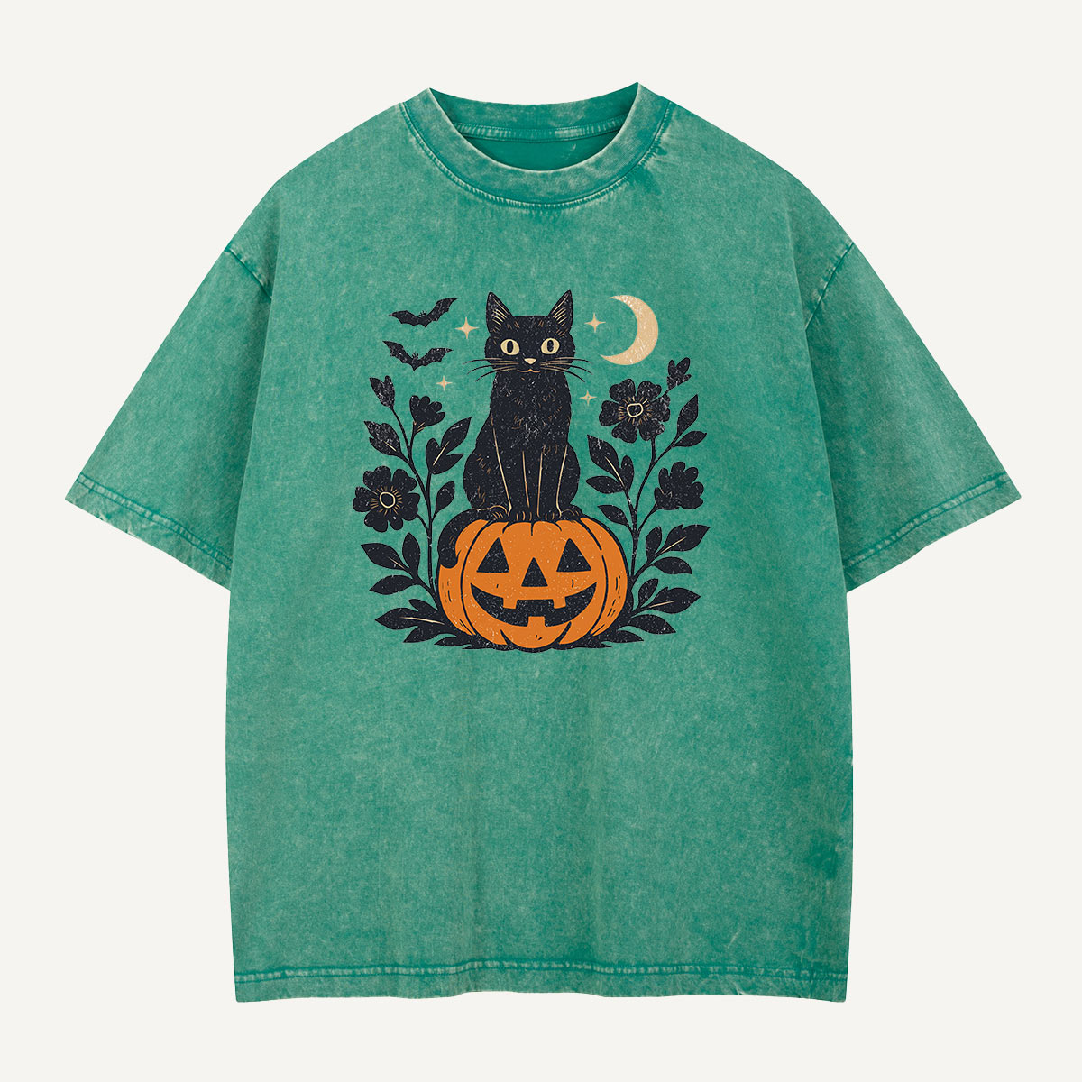 Black Cat on Pumpkin Watch Washed T-Shirt