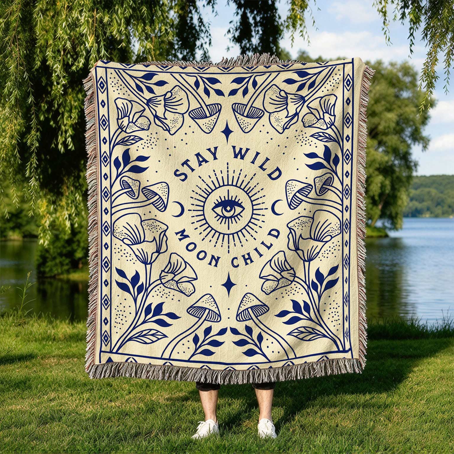 Stay Wild Moon Child Mystical Mushrooms And Flowers Knitted Fringe Blanket