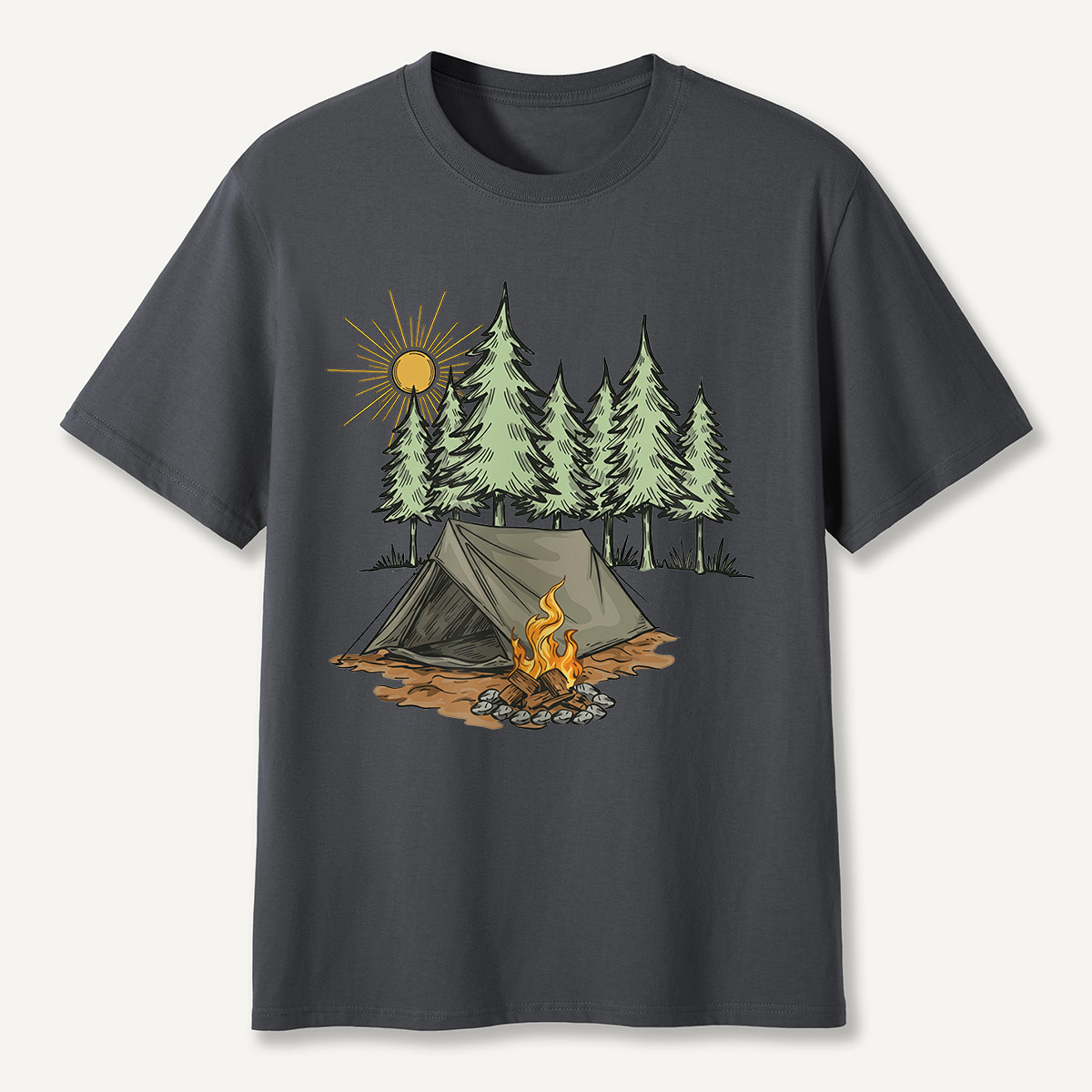 Sunny Forest Tent Campfire Illustration T-Shirt
