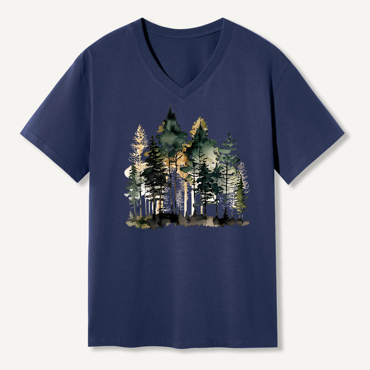 Watercolor Pine Forest Landscape V-neck T-Shirt