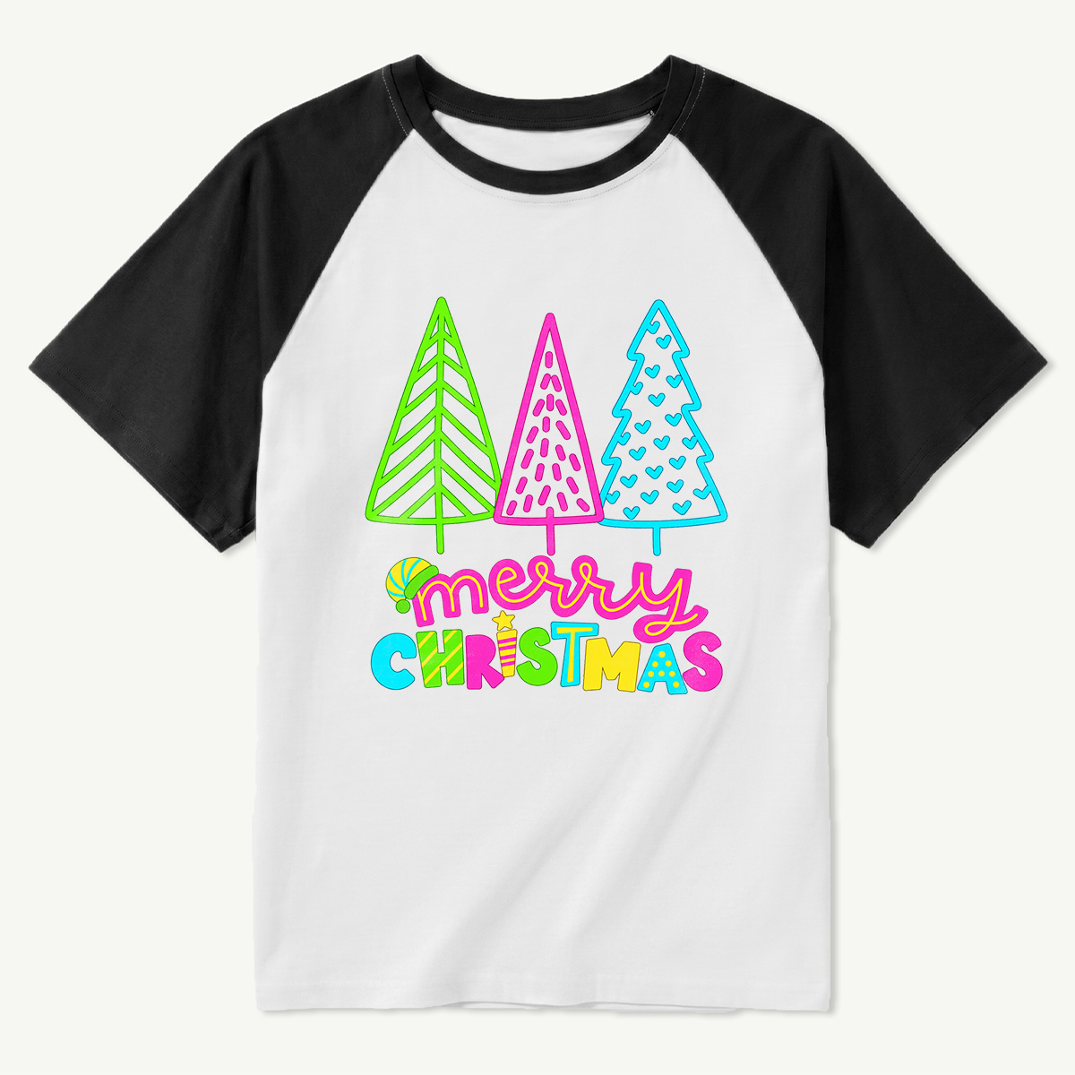 Merry Christmas Three Colorful Neon Trees Raglan T-Shirt