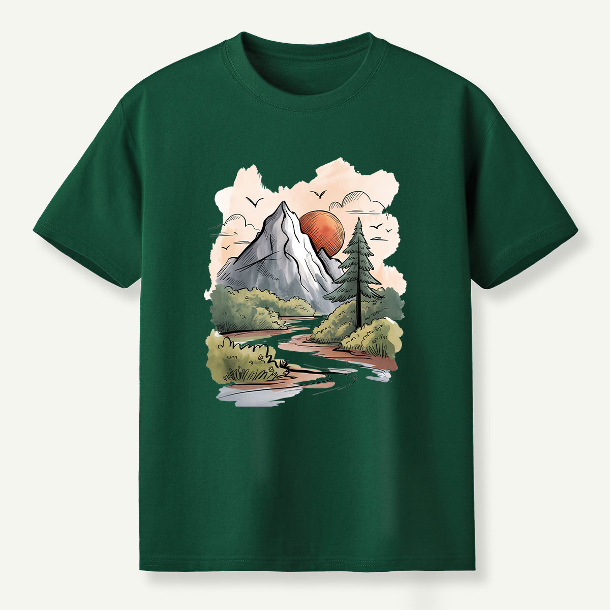 Mountain River Sunset Watercolor Landscape T-Shirt