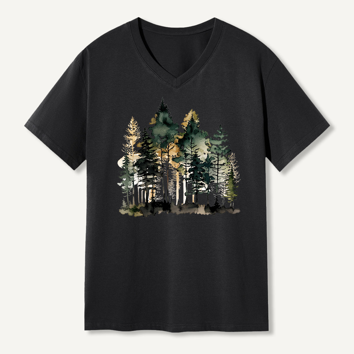 Watercolor Pine Forest Landscape V-neck T-Shirt