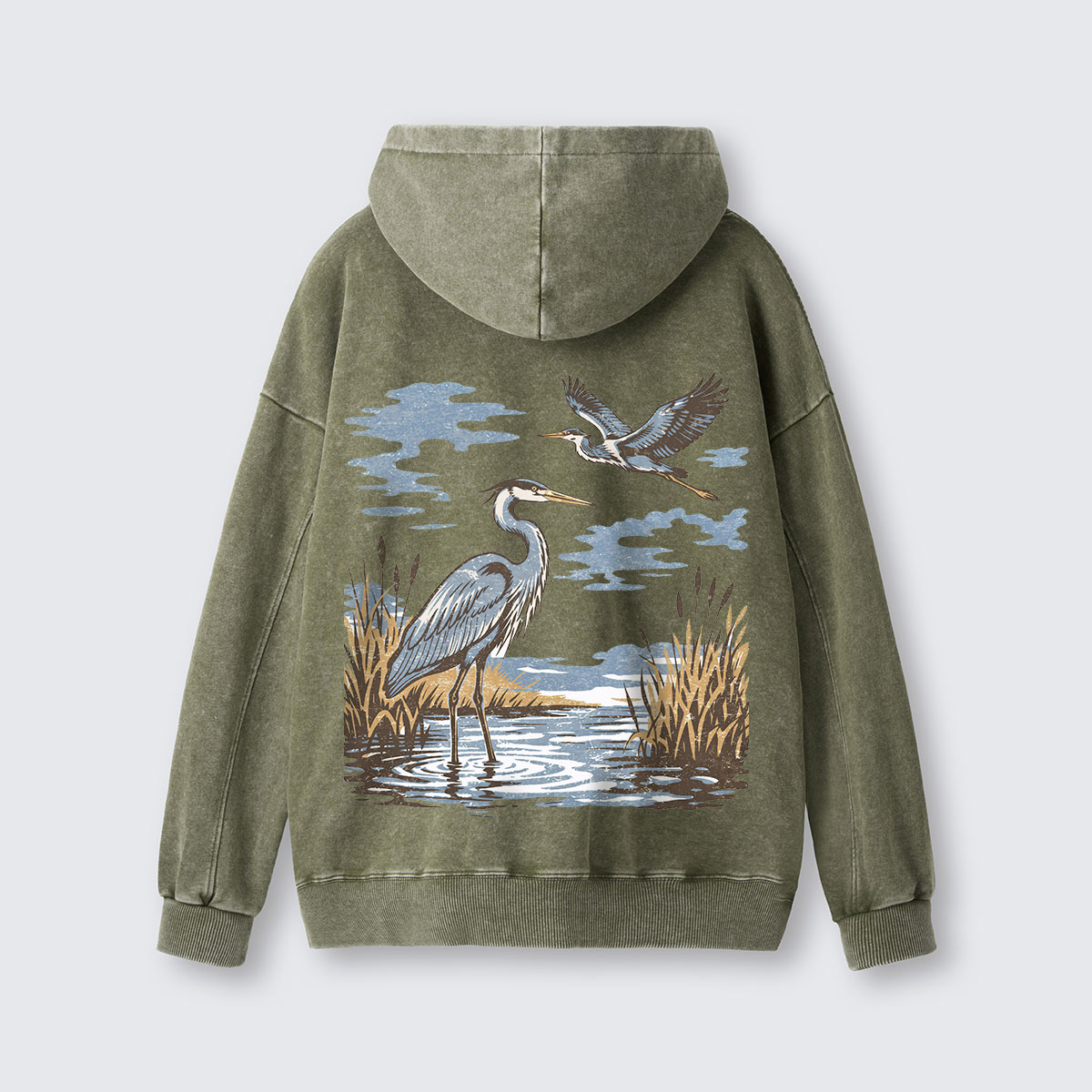 Vintage Heron Wetland Bird Nature Washed Hoodie