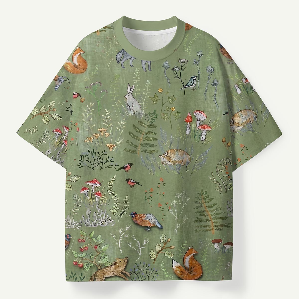 Woodland Animals and Mushrooms Premium Eco All-Over Print T-Shirt