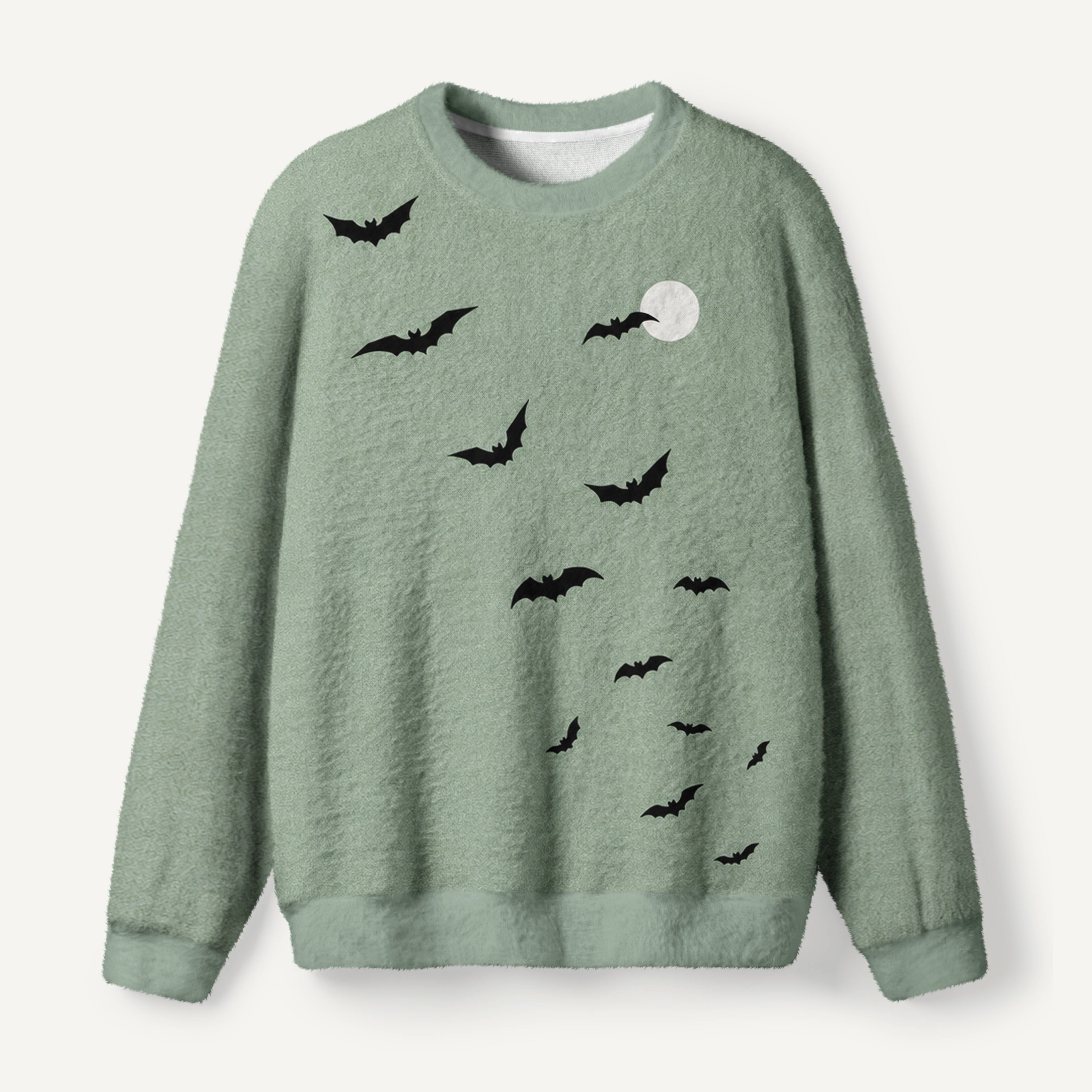 Flying Bats Under The Moon Minimalist Halloween Ugly Fuzzy Fleece Sweatshirt
