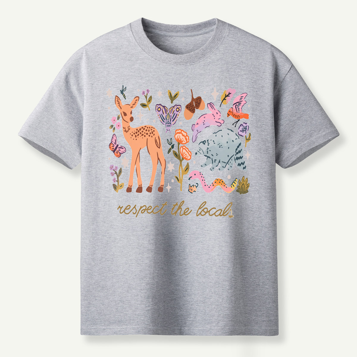 espect The Locals Woodland Wildlife Deer Rabbit Raccoon And Butterfly T-Shirt