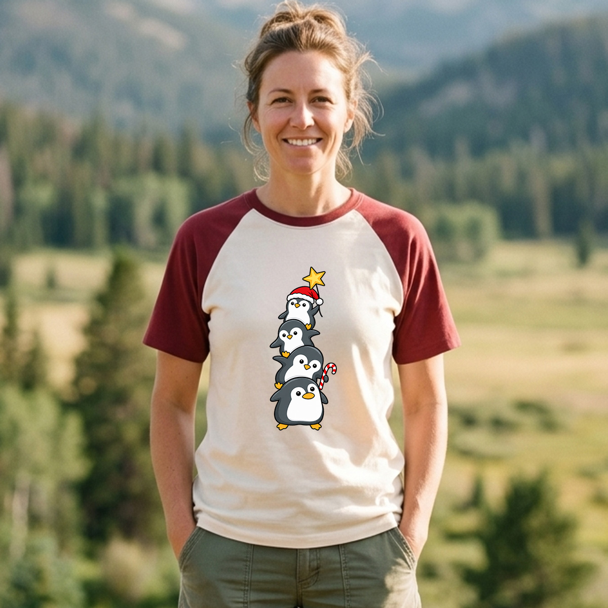 Four Cute Penguins Stacked As A Christmas Tree Raglan T-Shirt