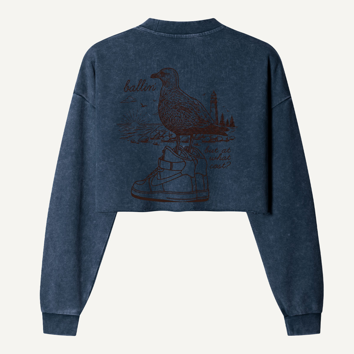 Seagull On A Sneaker Vintage Sketch Women's Washed Cropped Sweatshirt