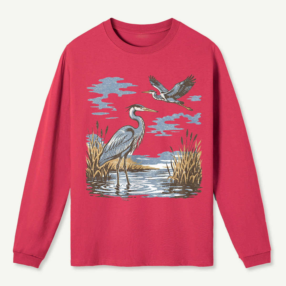 Vintage Heron Wetland Bird Nature  Long Sleeve T-Shirt