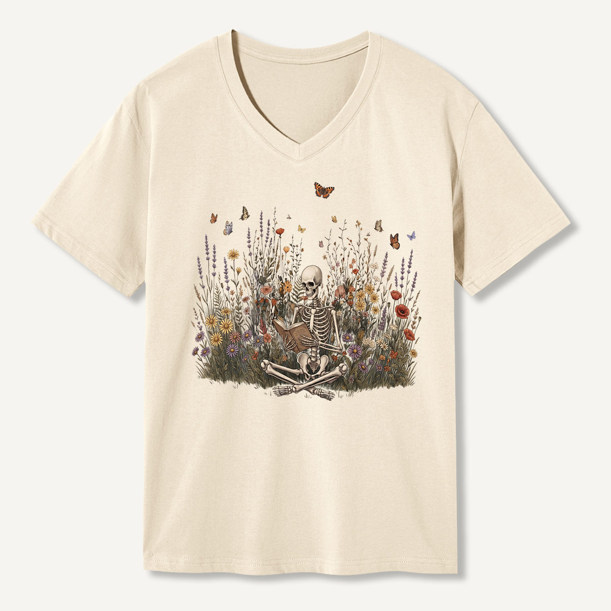 Skeleton Meditation Wildflower Garden V-neck T-Shirt