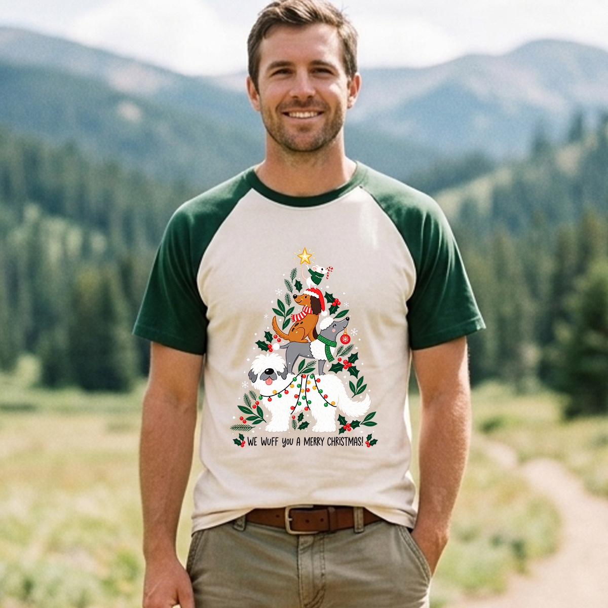 We Wuff You A Merry Christmas Stacked Dogs Raglan T-Shirt