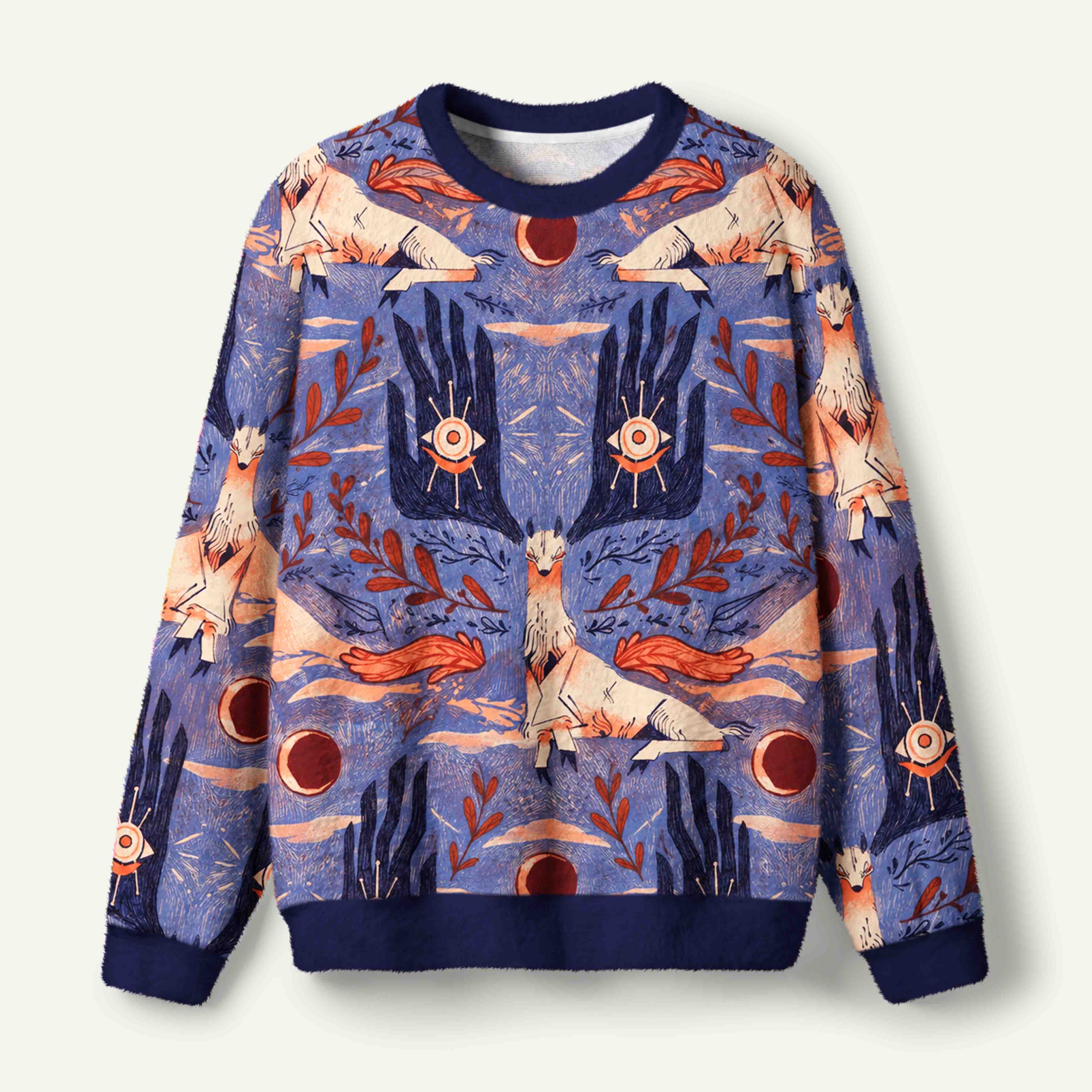 Mystical Eyed Antlers And Lunar Eclipse Forest Fantasy Ugly Fuzzy Fleece Sweatshirt