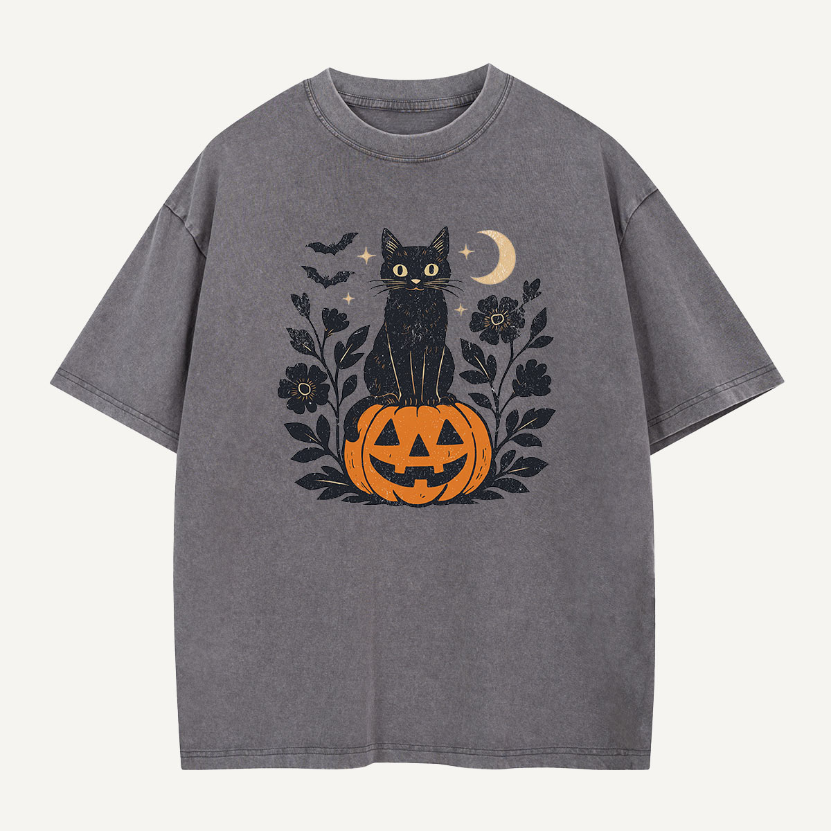 Black Cat on Pumpkin Watch Washed T-Shirt
