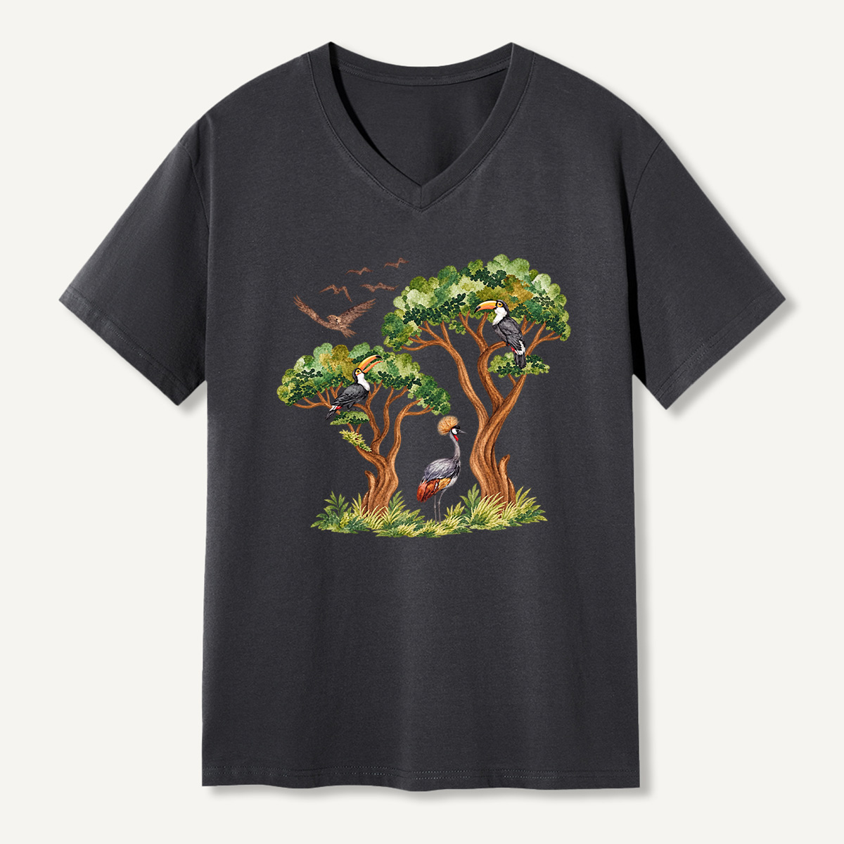 Tropical Toucan And Crowned Crane Forest V-neck T-Shirt