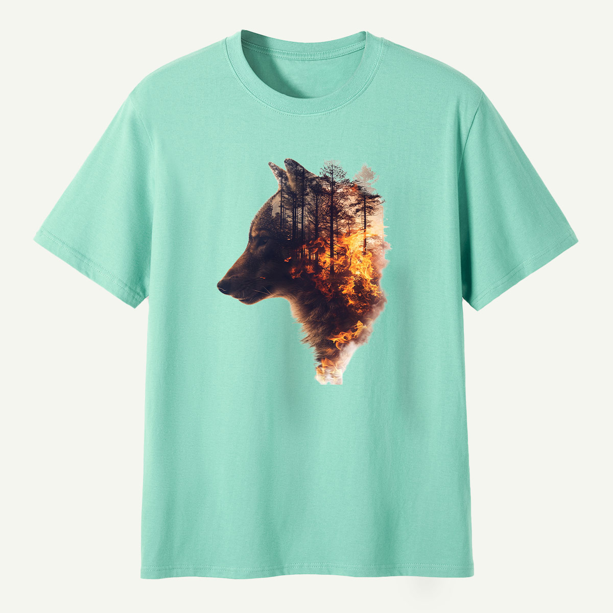 Wolf Forest Fire Double Exposure T-Shirt
