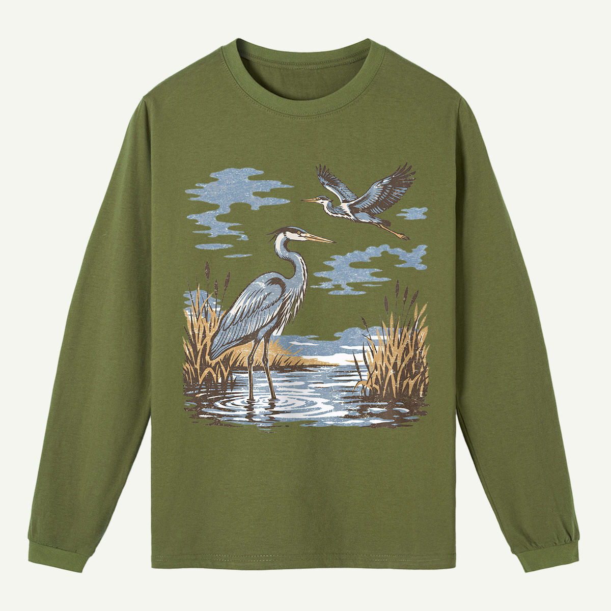 Vintage Heron Wetland Bird Nature  Long Sleeve T-Shirt