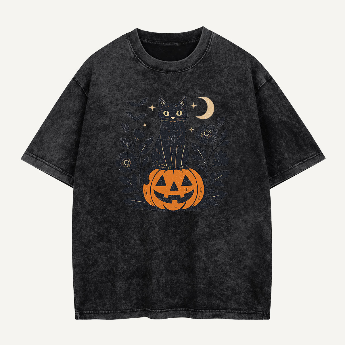 Black Cat on Pumpkin Watch Washed T-Shirt