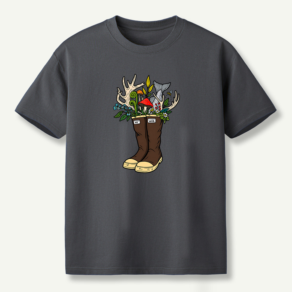 Wild Boots Antlers Mushroom Forest Botanical Arrangement T-Shirt