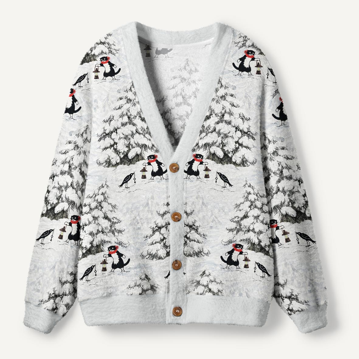 Black Cat And Crow In Snowy Forest Winter Storybook Art Ugly Cardigan Sweaters