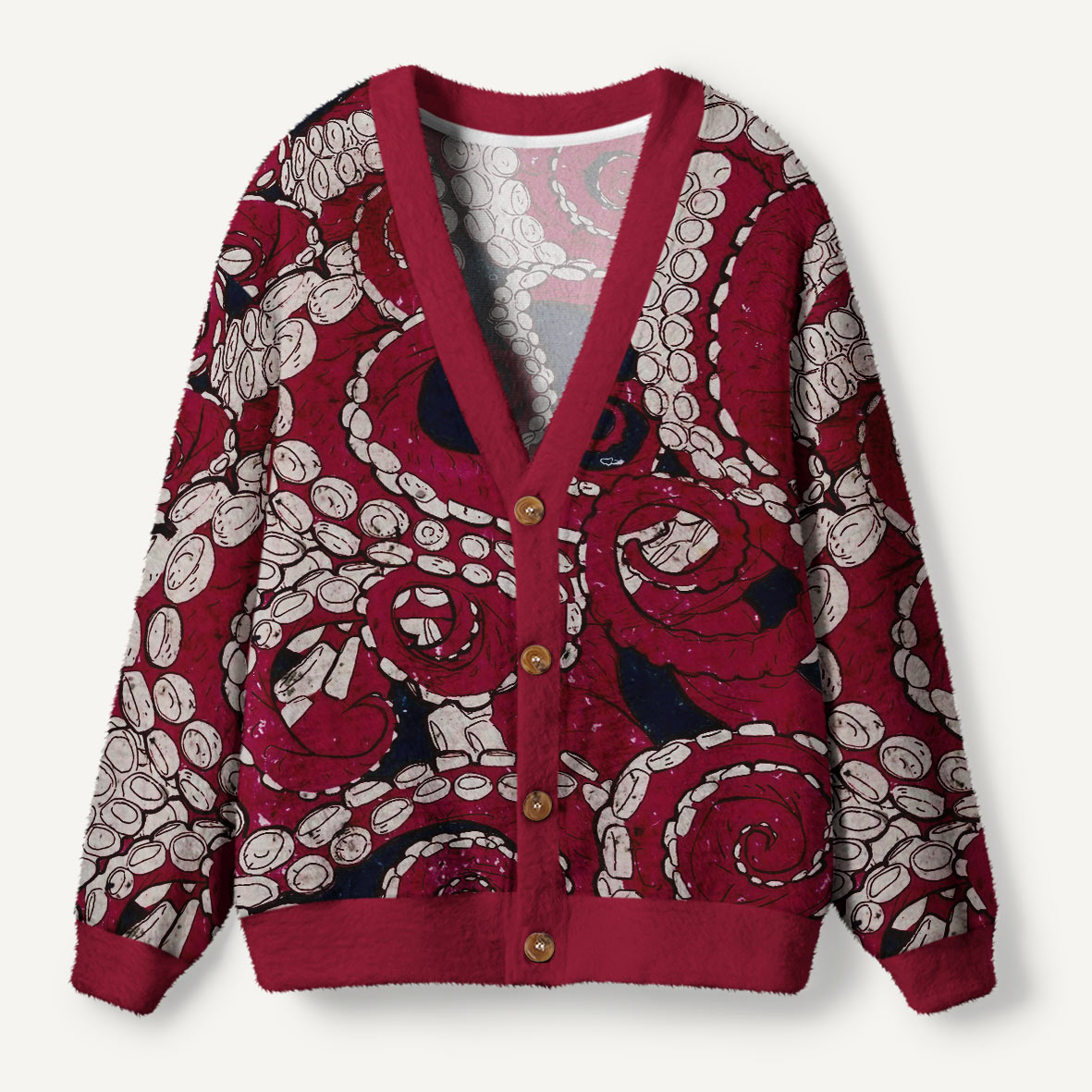 Crimson Octopus Tentacle Swirl Ugly Cardigan Sweaters