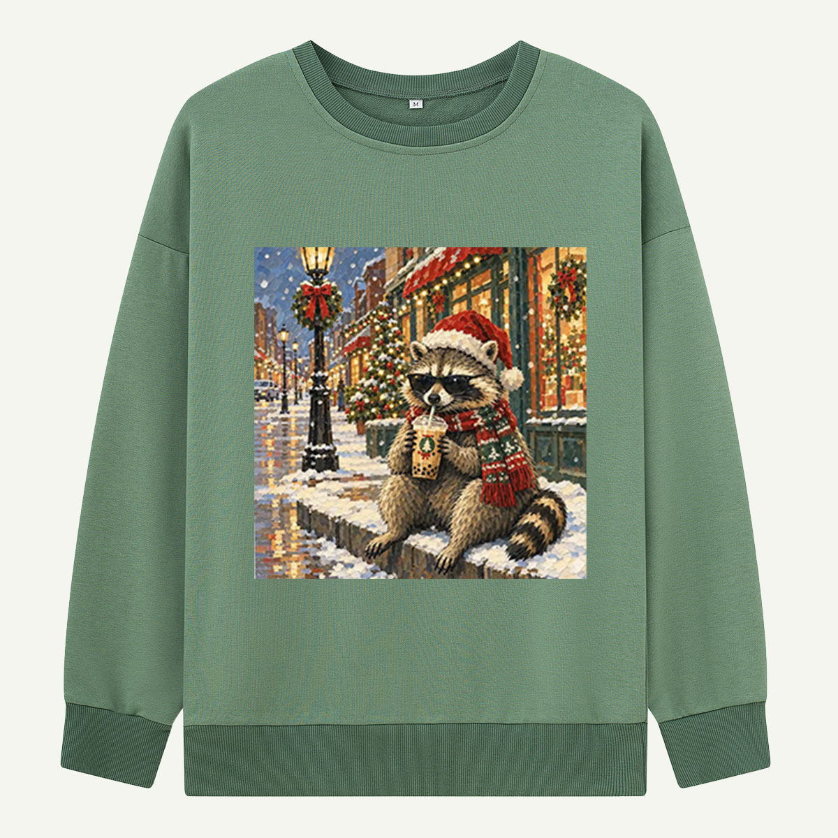 Cool Christmas Raccoon Drinking Boba On A Snowy Street Sweatshirts