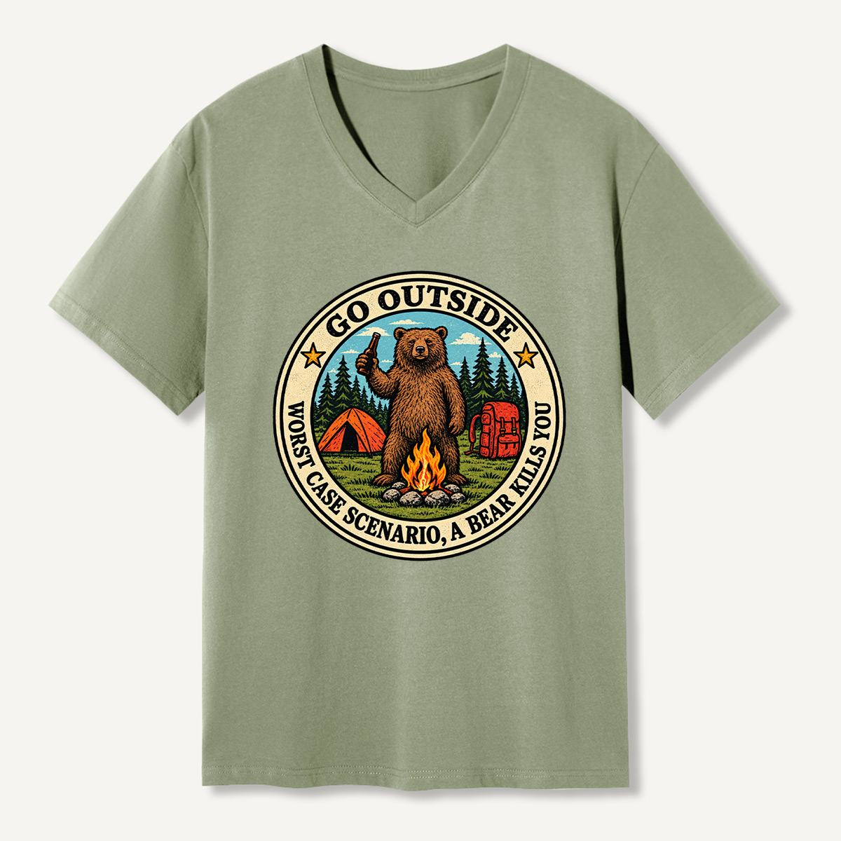 Go Outside Worst Case Scenario A Bear Kills You Camping Humor V-neck T-Shirt