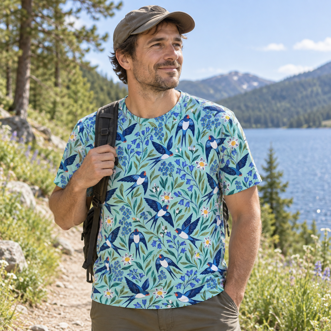 Blue Birds In Lush Garden Pattern Premium Pure Cotton Tee