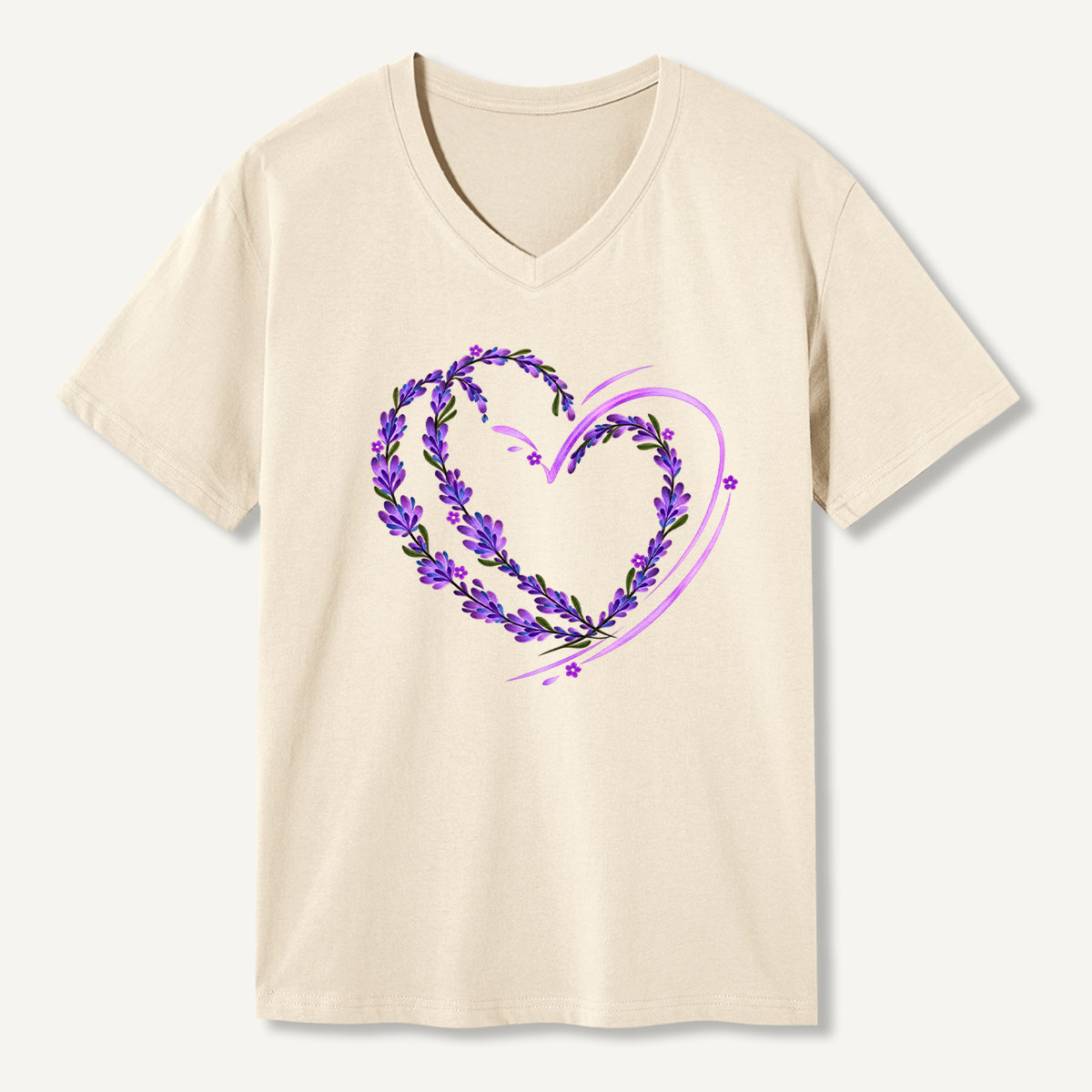 Lavender Heart Floral Watercolor Illustration V-neck T-Shirt