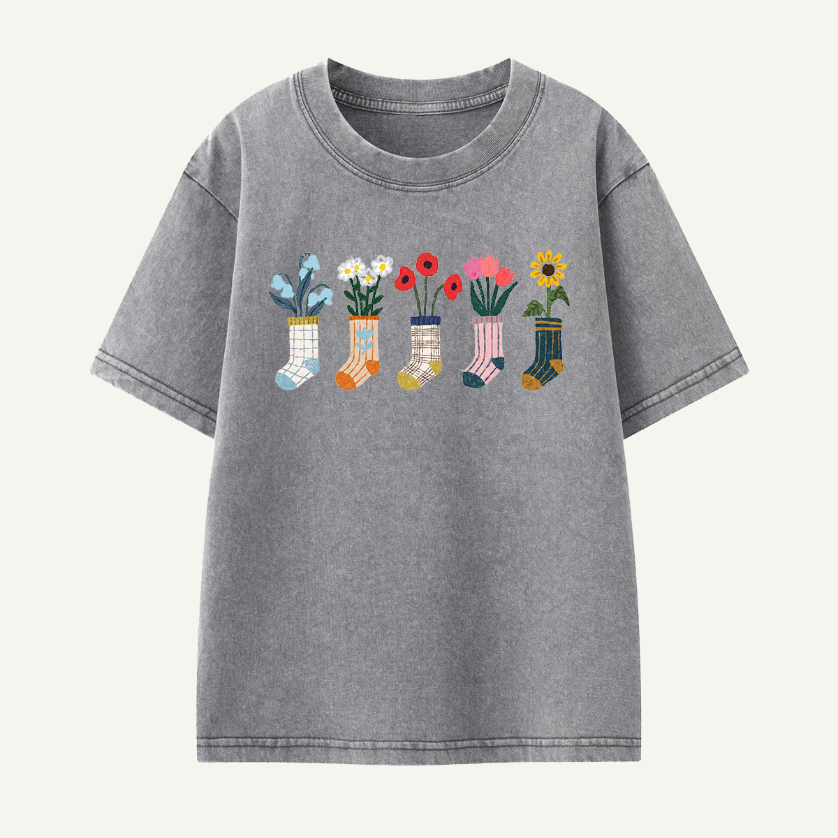 Sock Flower Garden Mint Kids Washed T-Shirt