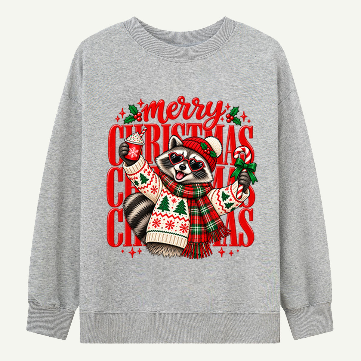 Merry Christmas Raccoon In Heart Sunglasses And Cozy Sweater Sweatshirts