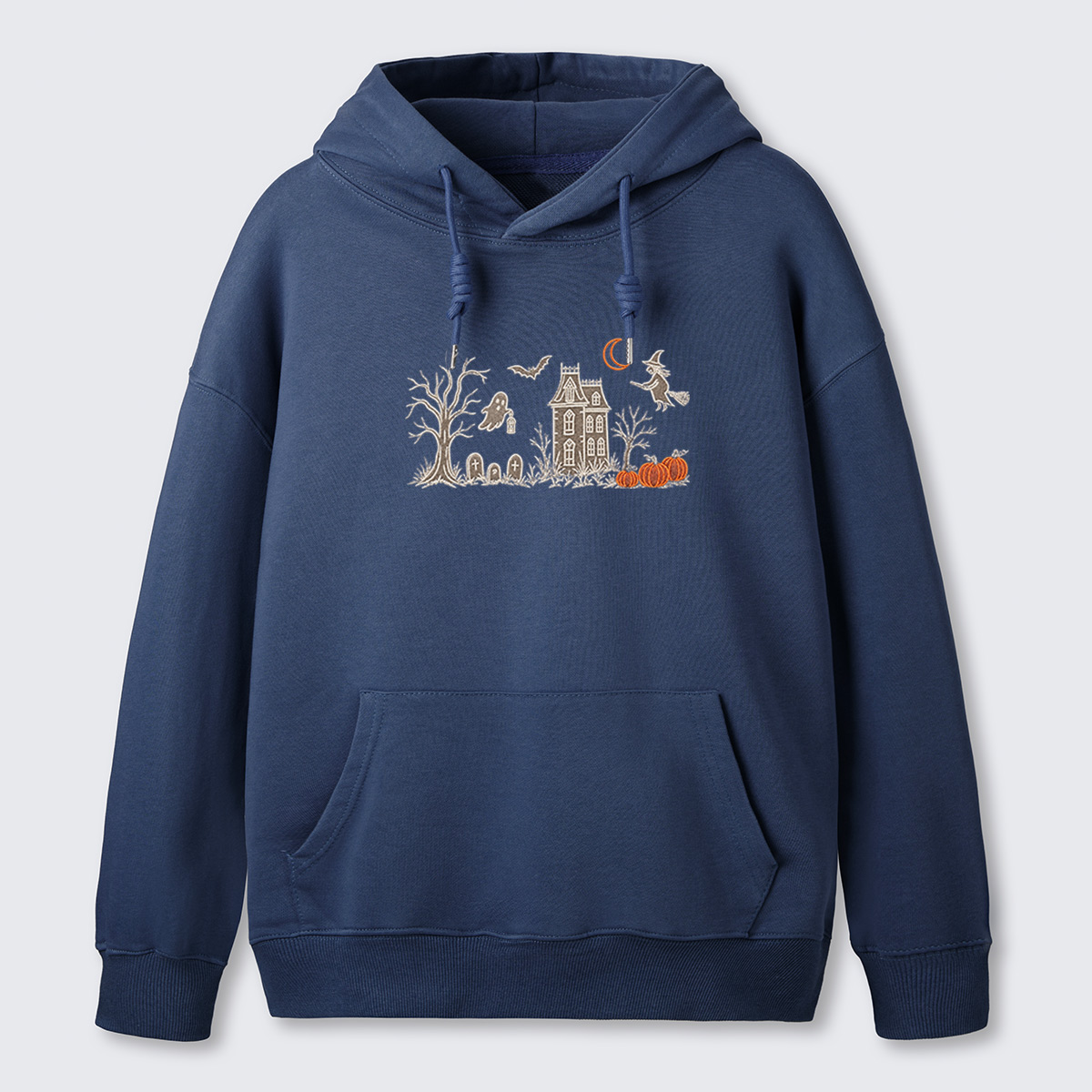 Haunted House Line Art Embroidered Cotton Hoodie