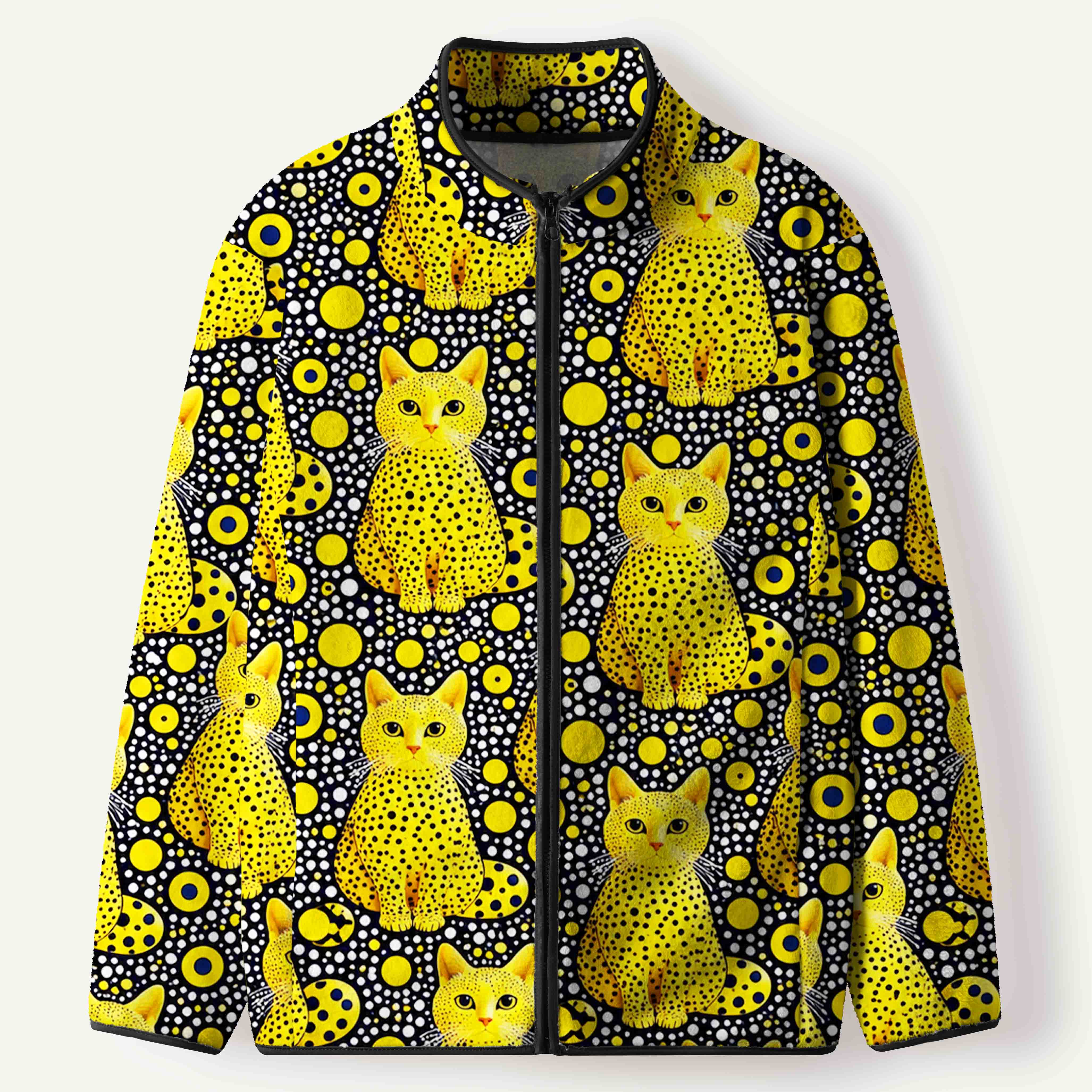 Yellow Polka Dot Cat Colorful Pop Art Men's Flannel Zip Front Cardigan