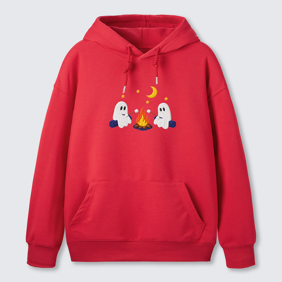 Ghost Campfire Under Moon Embroidered Cotton Hoodie