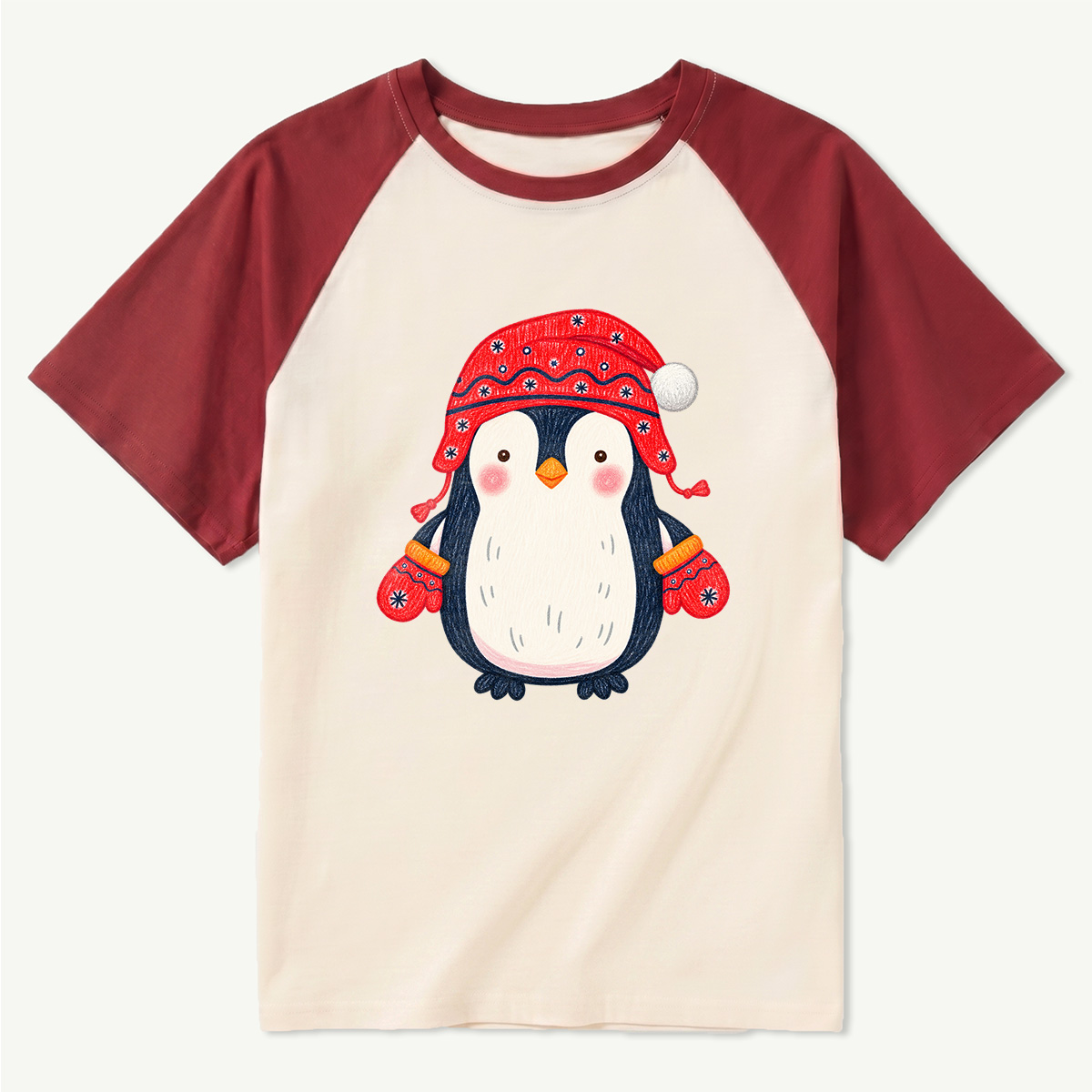 Cute Christmas Penguin With Red Hat And Mittens Raglan T-Shirt