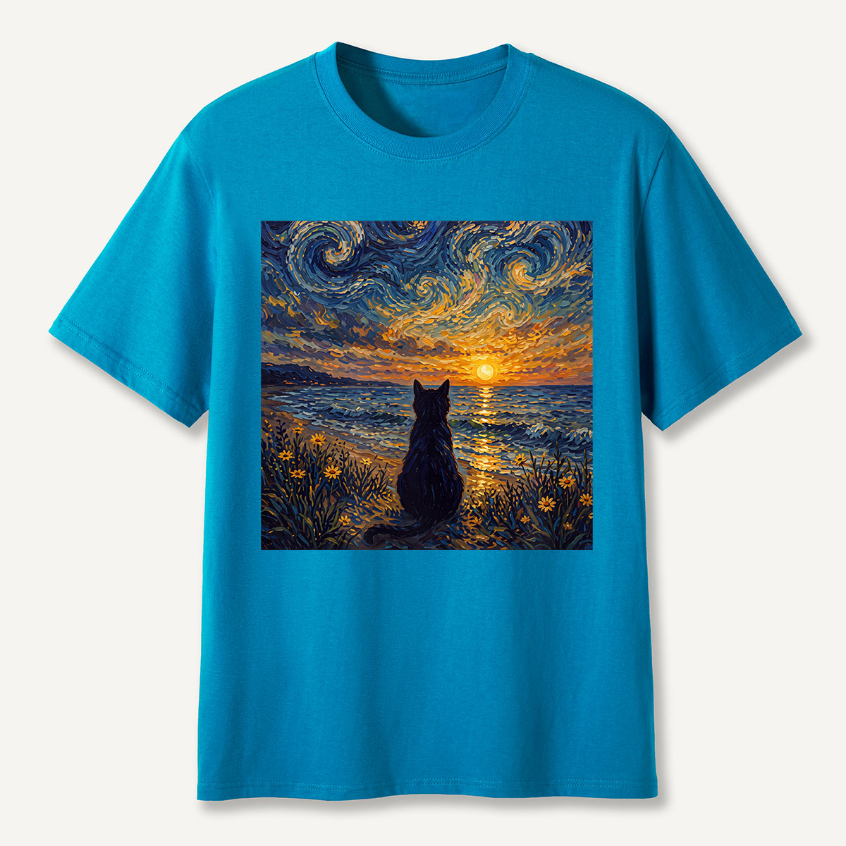 Starry Night Sunset Cat Seaside T-Shirt