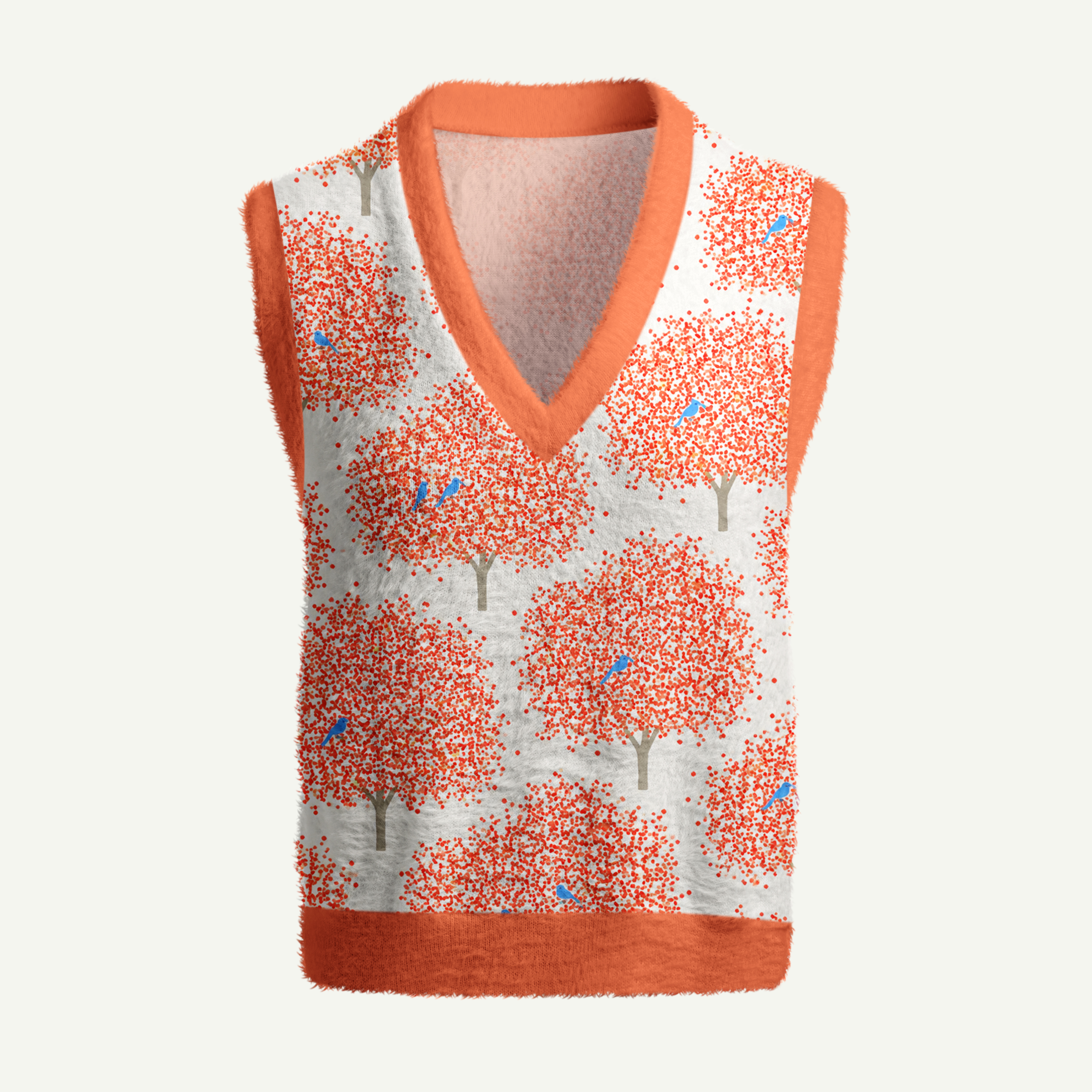 Blue Birds In Red Leaf Tree Women's Fuzzy Vest Sweater