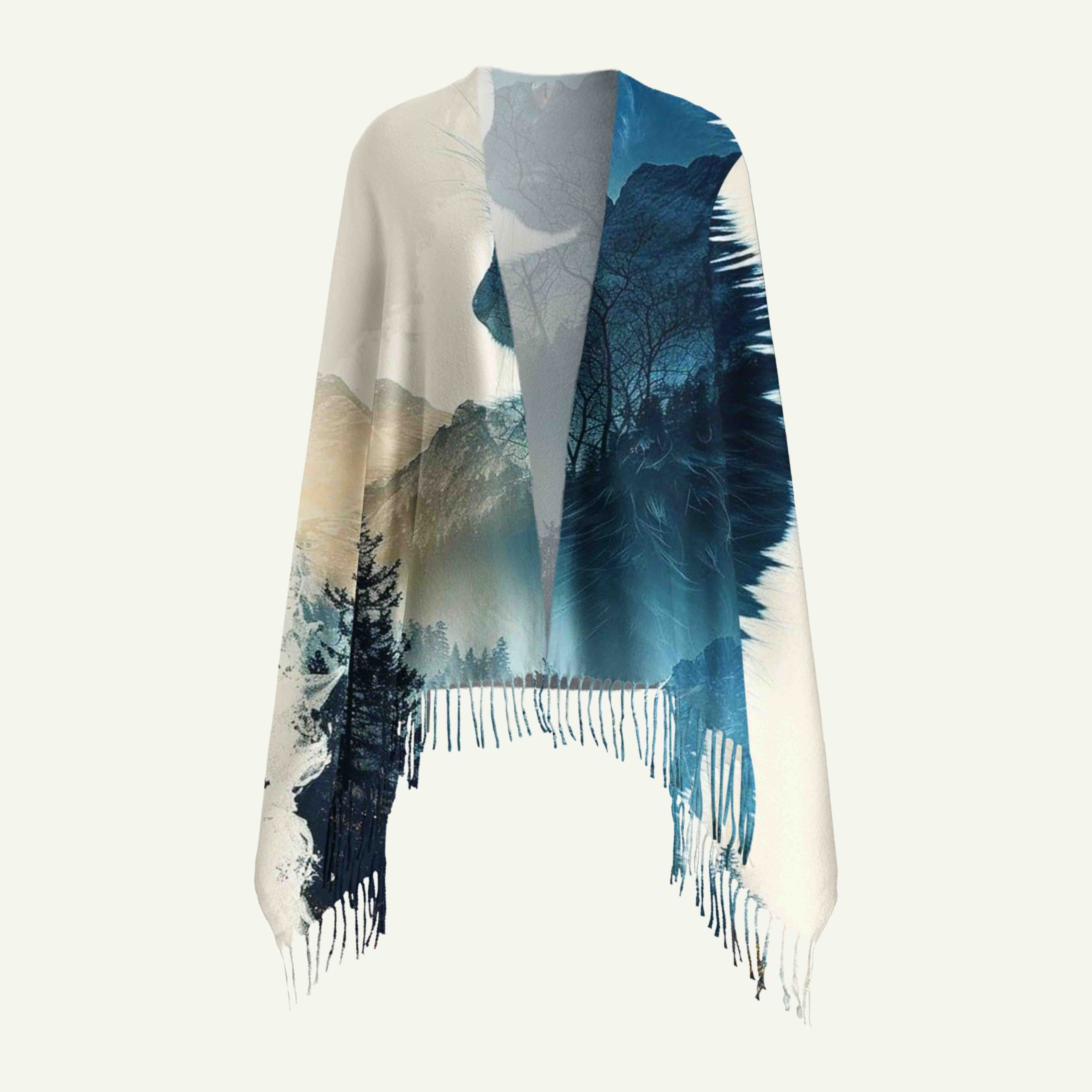 Forest Spirit Cat Long Cashmere Scarf with Tassels