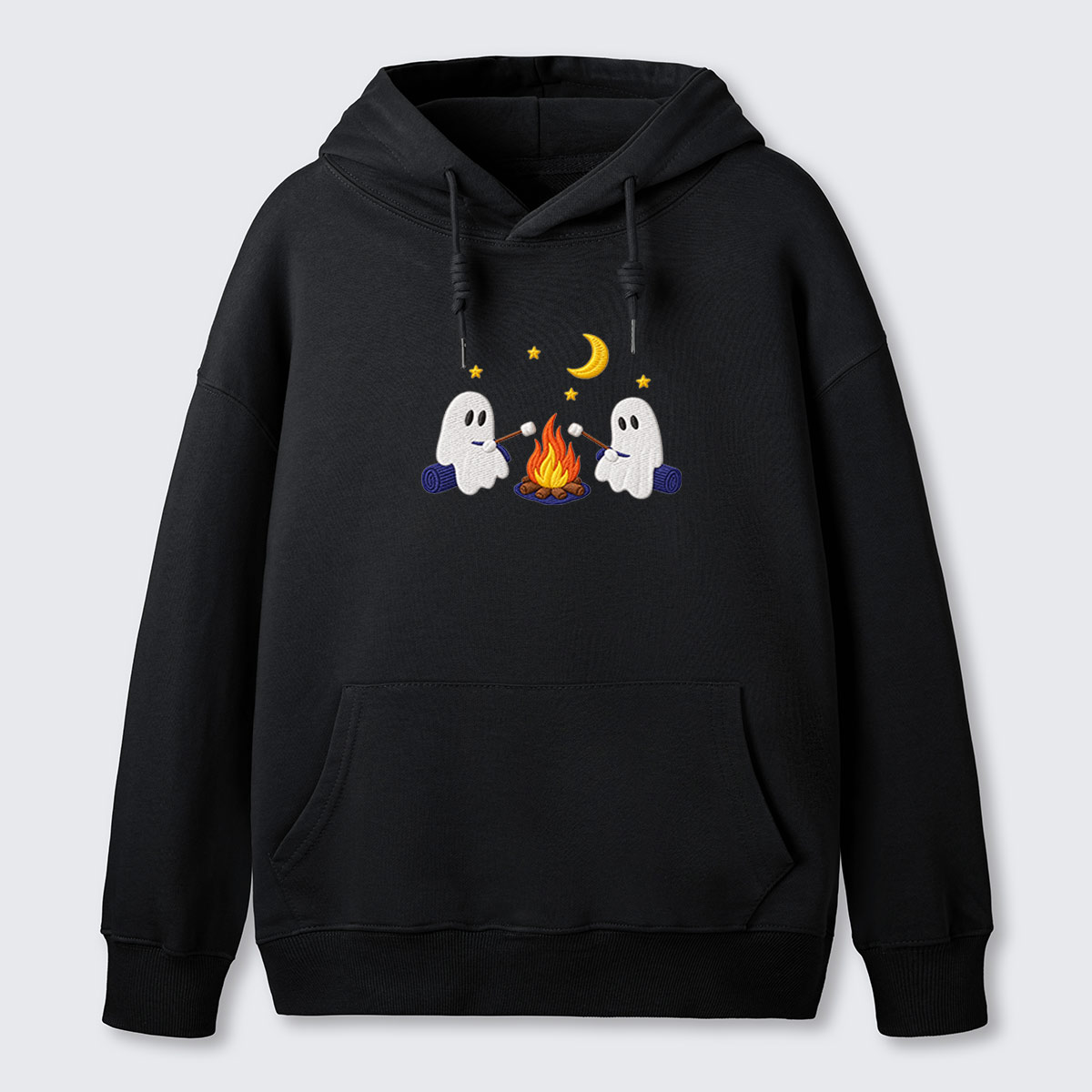 Ghost Campfire Under Moon Embroidered Cotton Hoodie