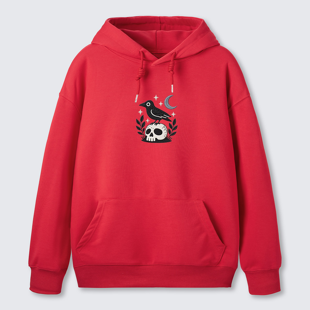 Moon Raven Floral Emblem Embroidered Cotton Hoodie